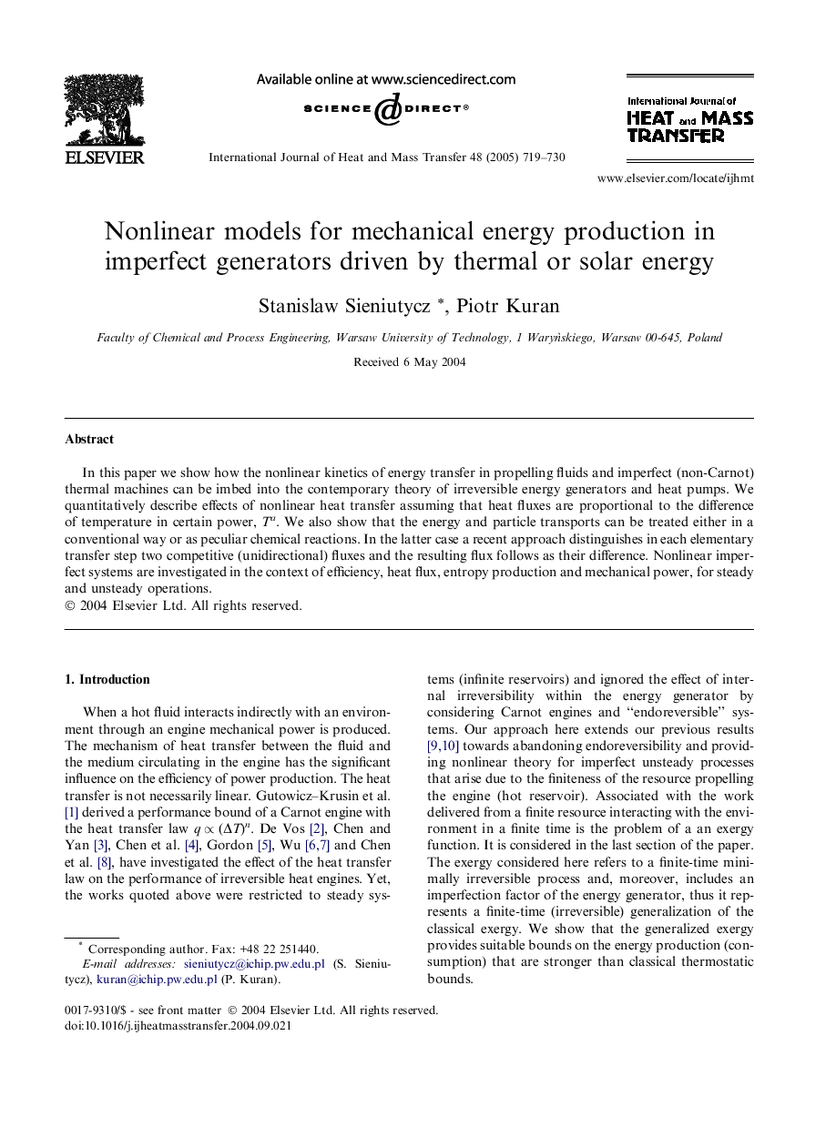 Nonlinear models for mechanical energy production in imperfect generators driven by thermal or solar energy