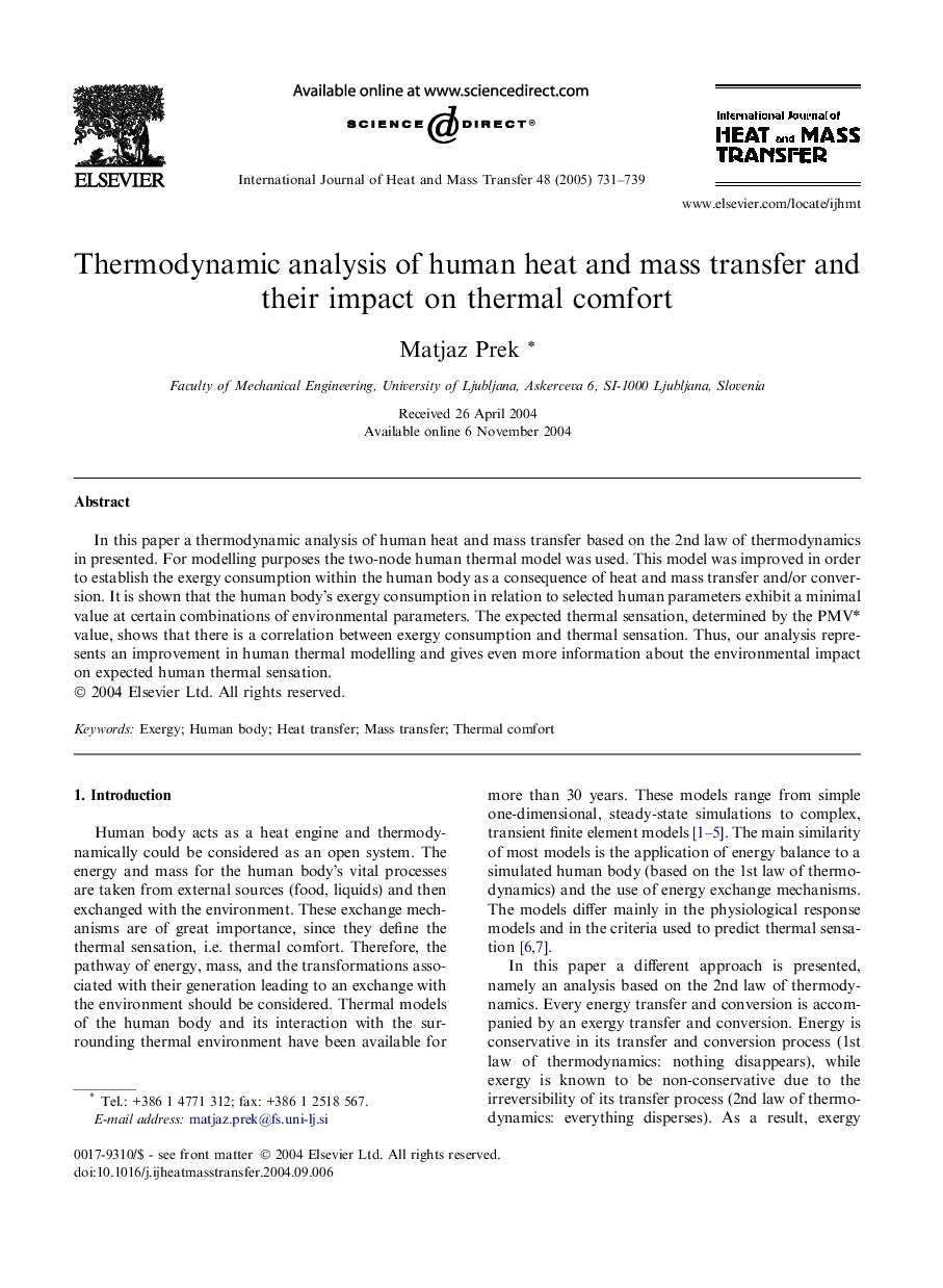 Thermodynamic analysis of human heat and mass transfer and their impact on thermal comfort