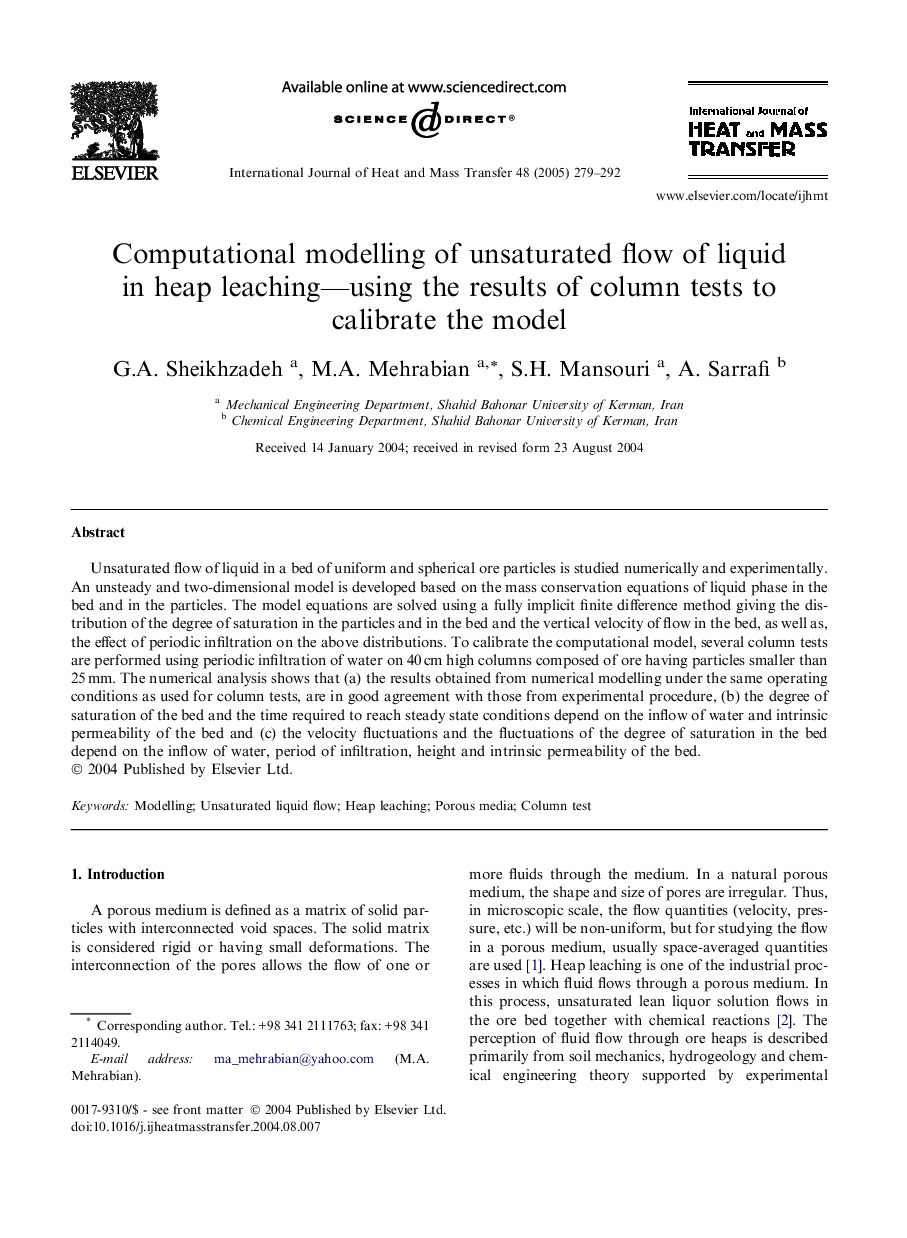 Computational modelling of unsaturated flow of liquid in heap leaching-using the results of column tests to calibrate the model