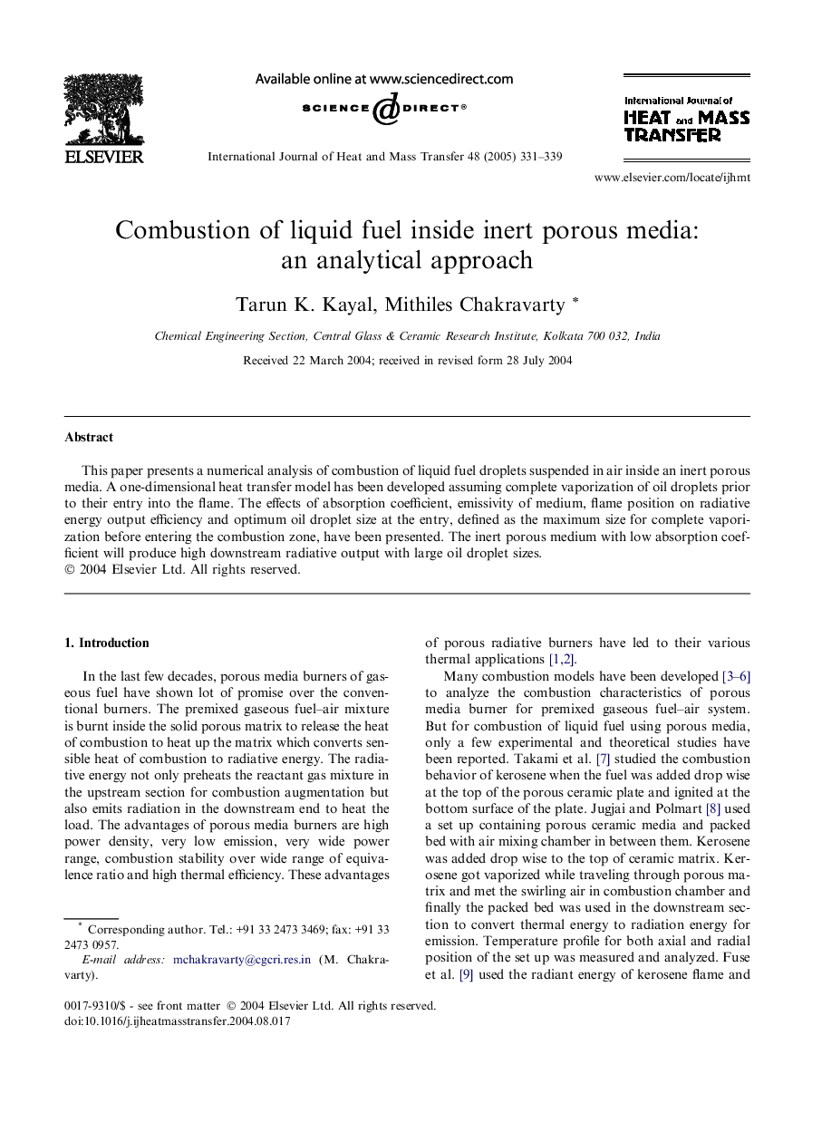 Combustion of liquid fuel inside inert porous media: an analytical approach