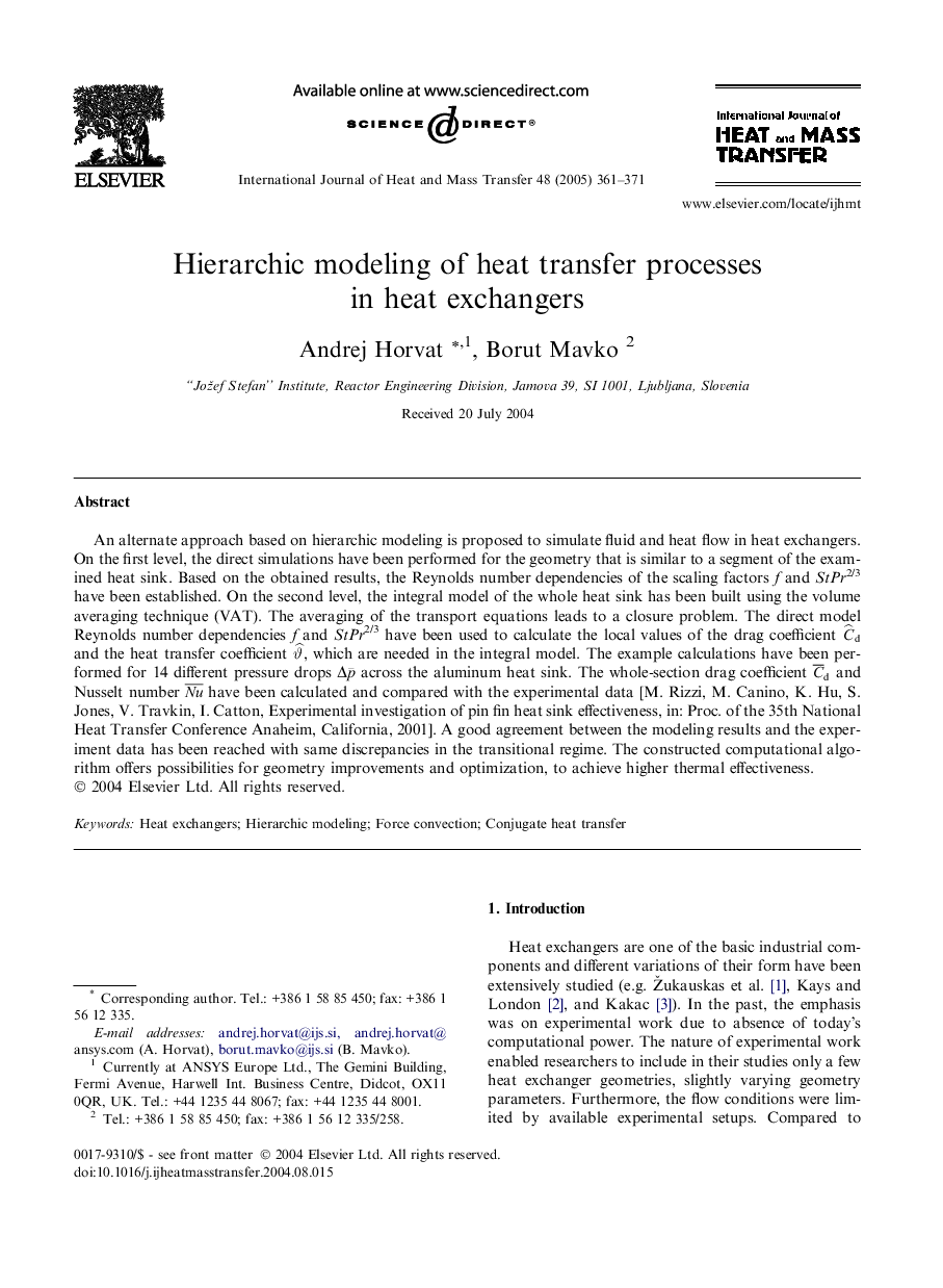 Hierarchic modeling of heat transfer processes in heat exchangers