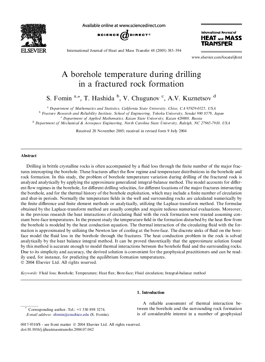 A borehole temperature during drilling in a fractured rock formation