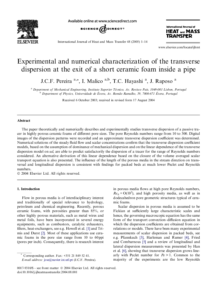 Experimental and numerical characterization of the transverse dispersion at the exit of a short ceramic foam inside a pipe