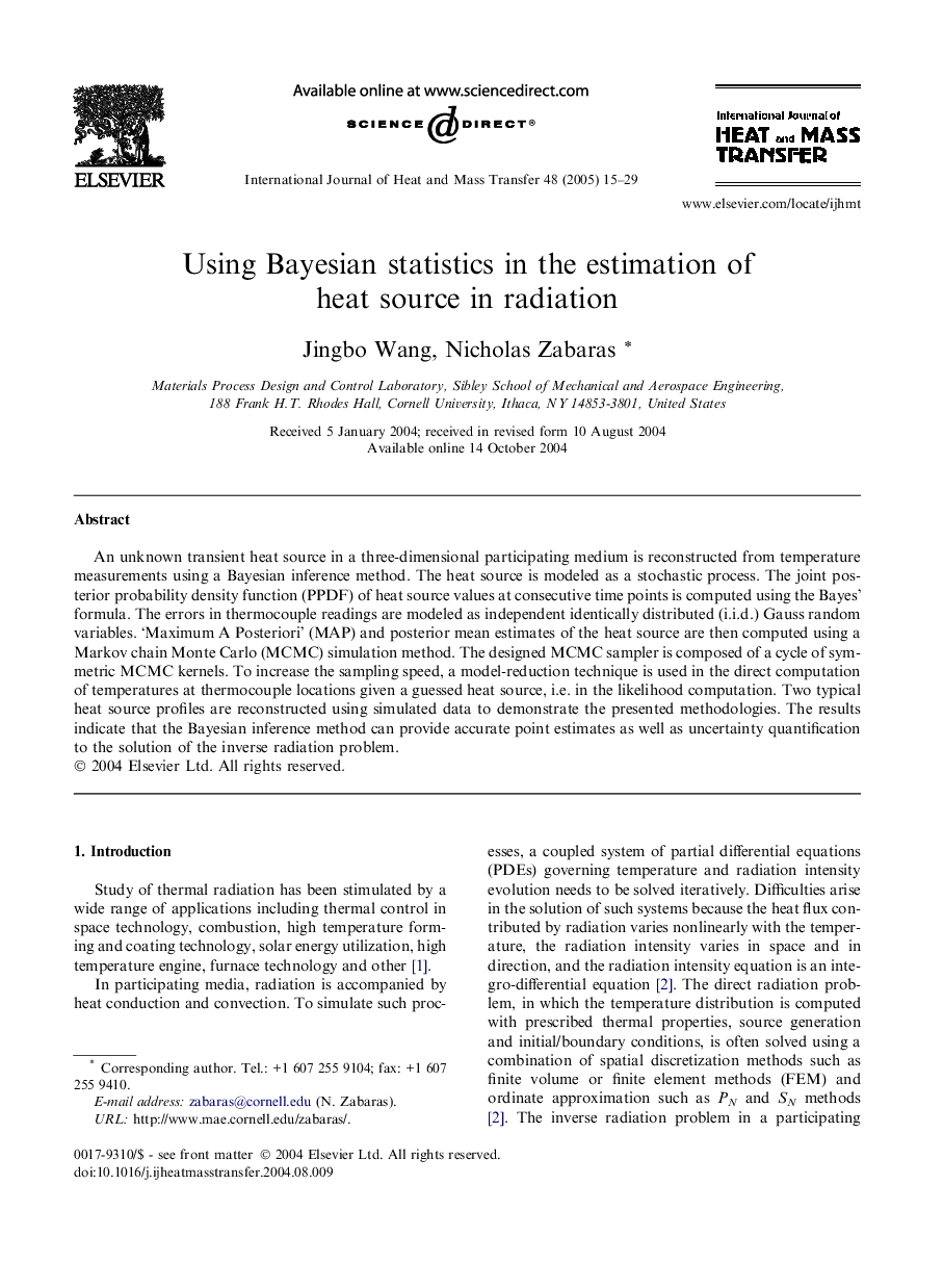 Using Bayesian statistics in the estimation of heat source in radiation