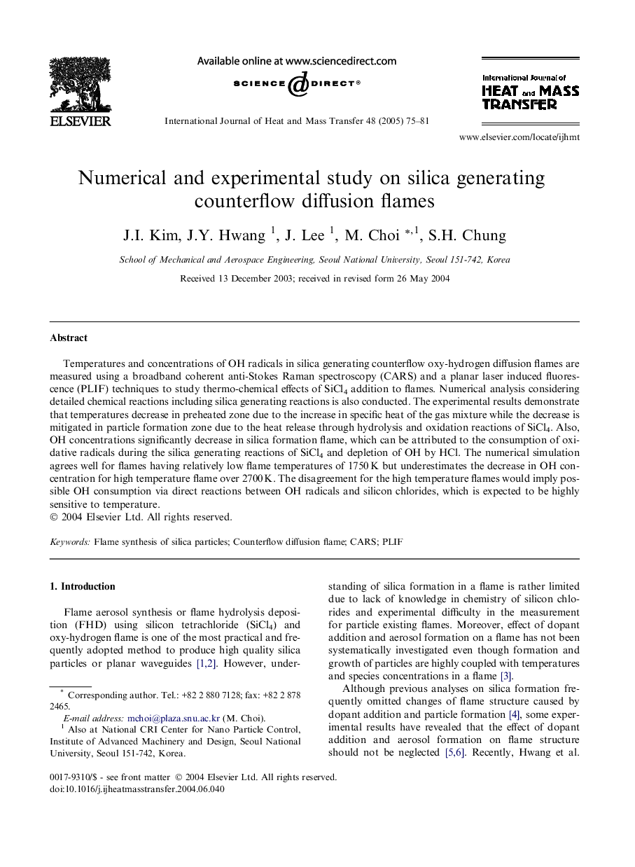 Numerical and experimental study on silica generating counterflow diffusion flames