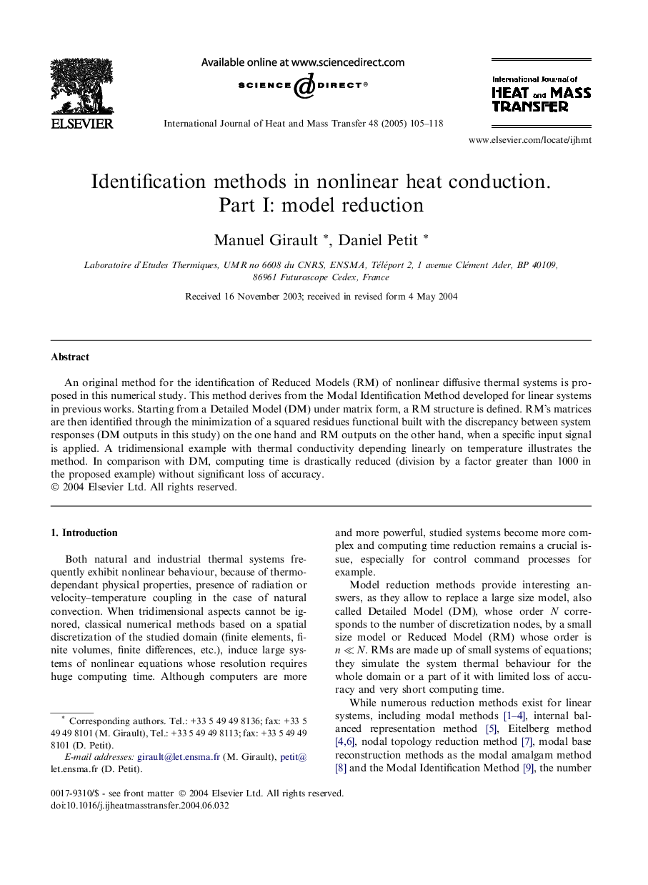 Identification methods in nonlinear heat conduction. Part I: Model reduction