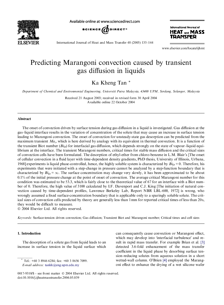 Predicting Marangoni convection caused by transient gas diffusion in liquids