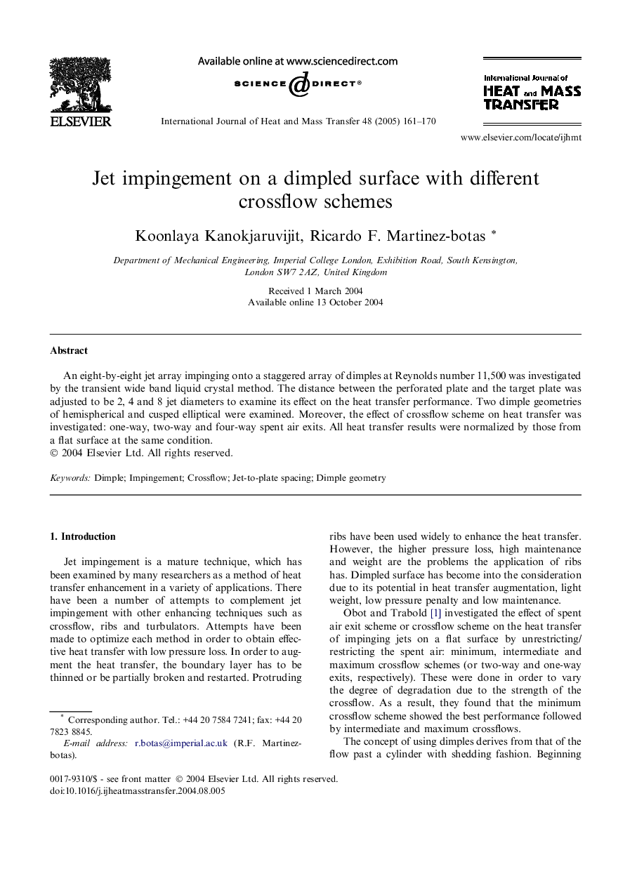 Jet impingement on a dimpled surface with different crossflow schemes