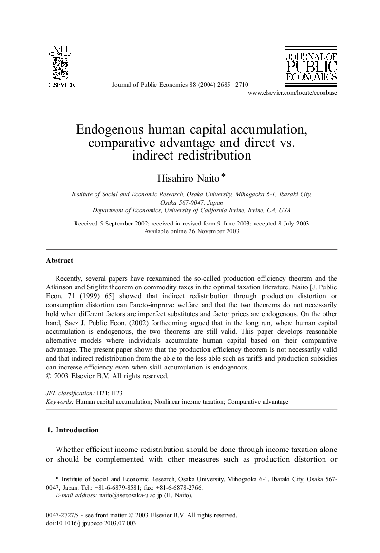 Endogenous human capital accumulation, comparative advantage and direct vs. indirect redistribution