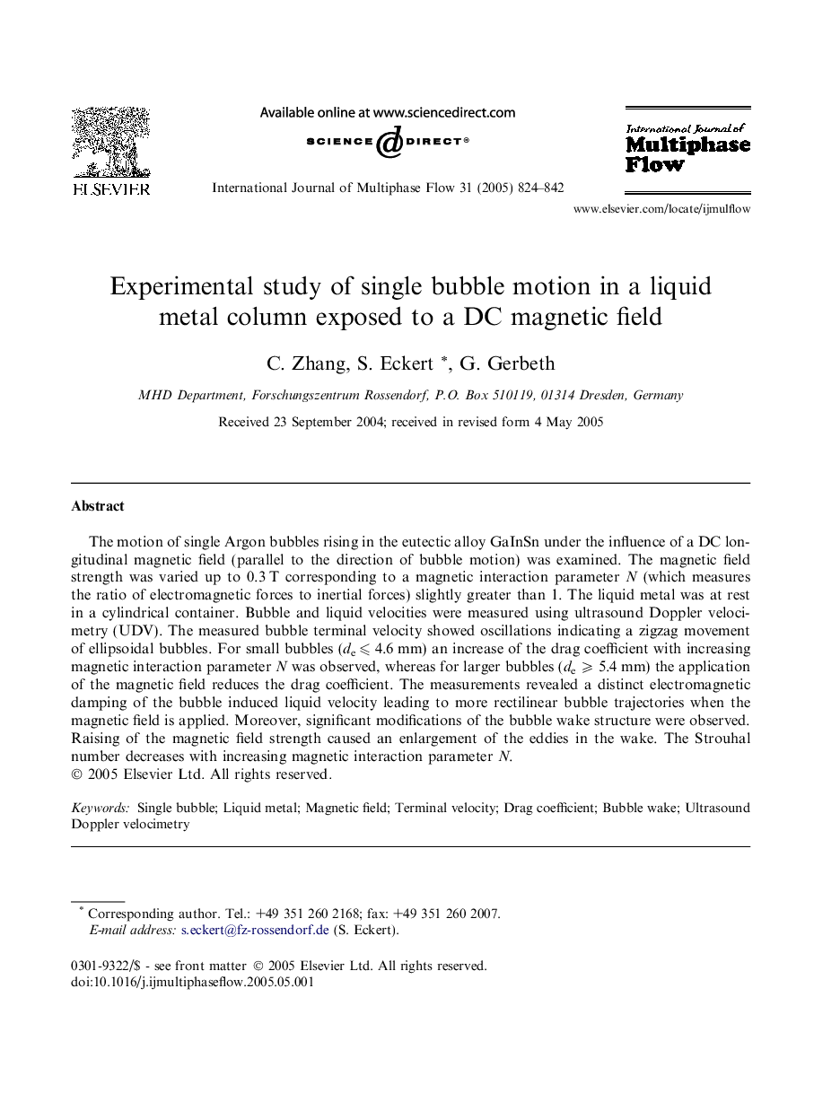 Experimental study of single bubble motion in a liquid metal column exposed to a DC magnetic field