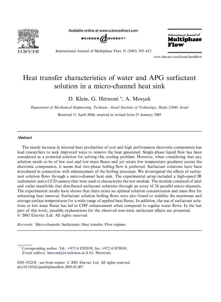 Heat transfer characteristics of water and APG surfactant solution in a micro-channel heat sink