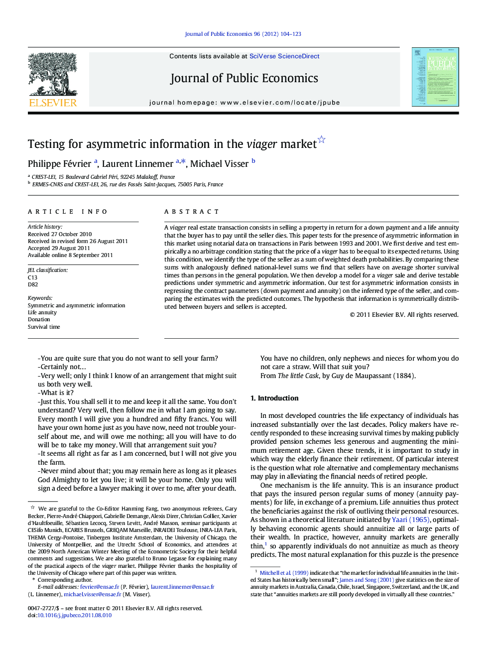 Testing for asymmetric information in the viager market 