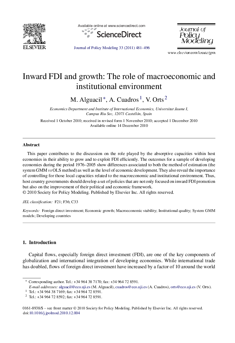 Inward FDI and growth: The role of macroeconomic and institutional environment