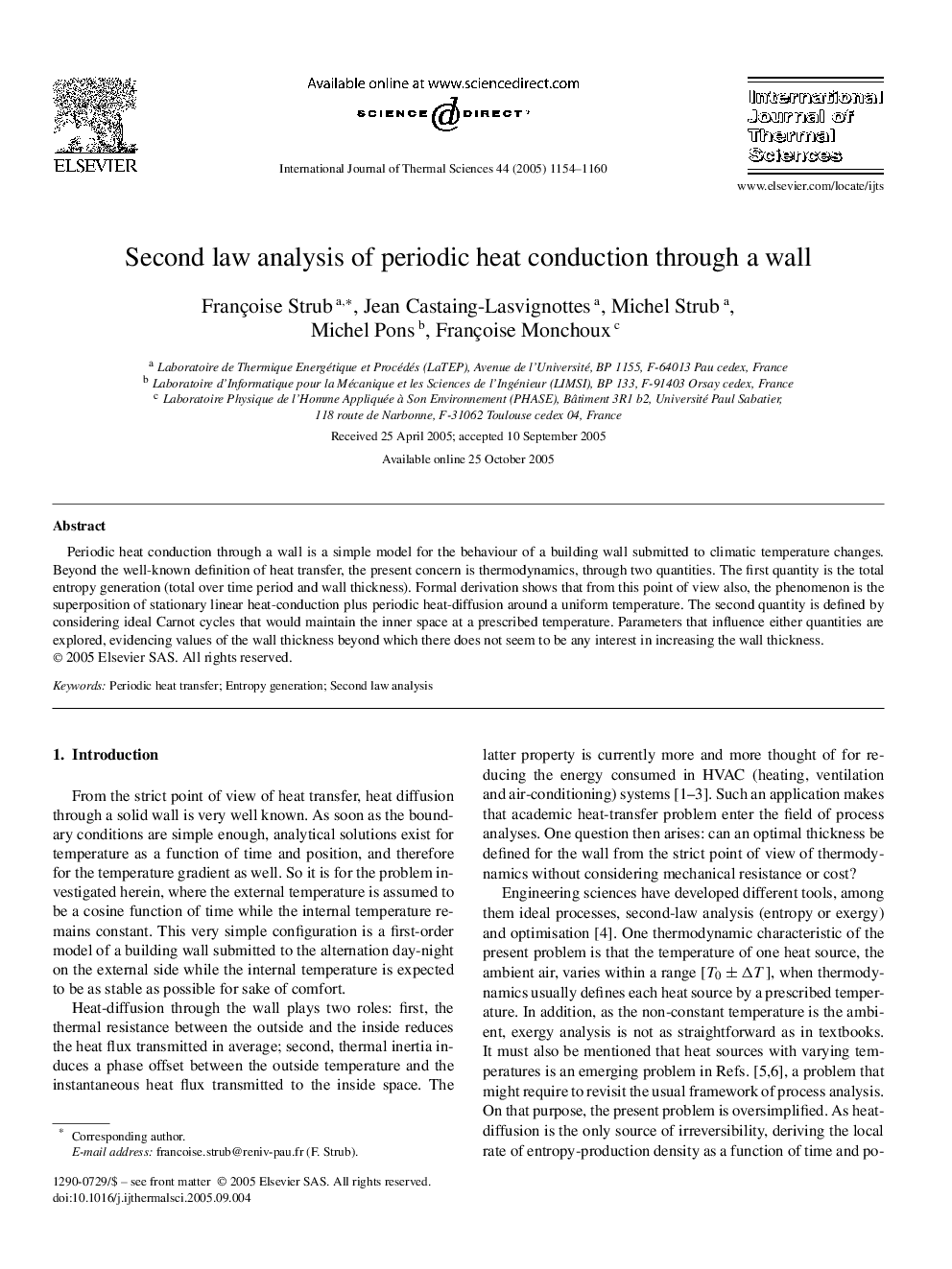 عکس صفحه اول مقاله: Second law analysis of periodic heat conduction through a wall Second law analysis of periodic heat conduction through a wall