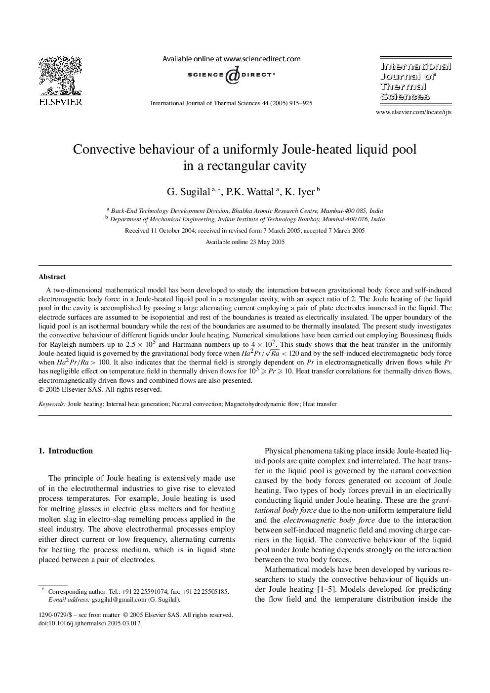 Convective behaviour of a uniformly Joule-heated liquid pool in a rectangular cavity