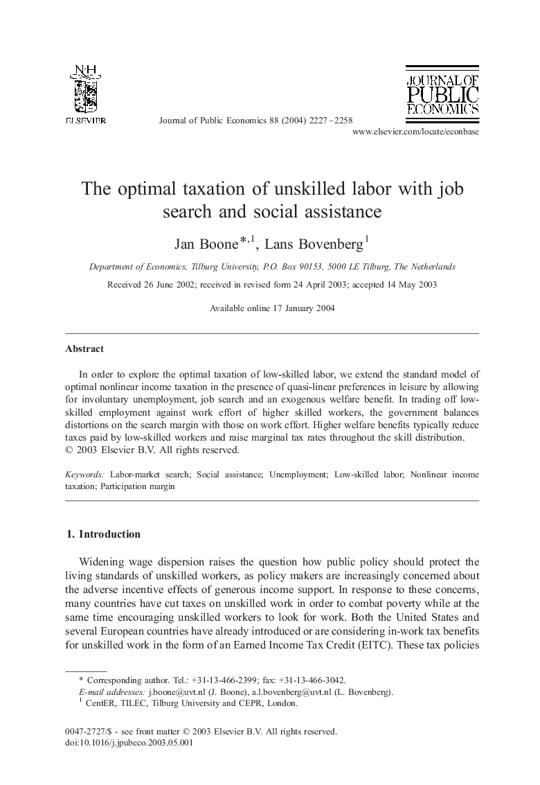 The optimal taxation of unskilled labor with job search and social assistance
