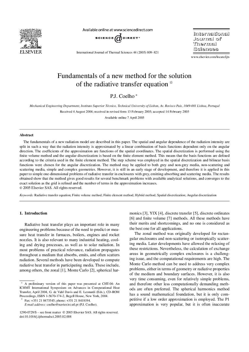 Fundamentals of a new method for the solution of the radiative transfer equation