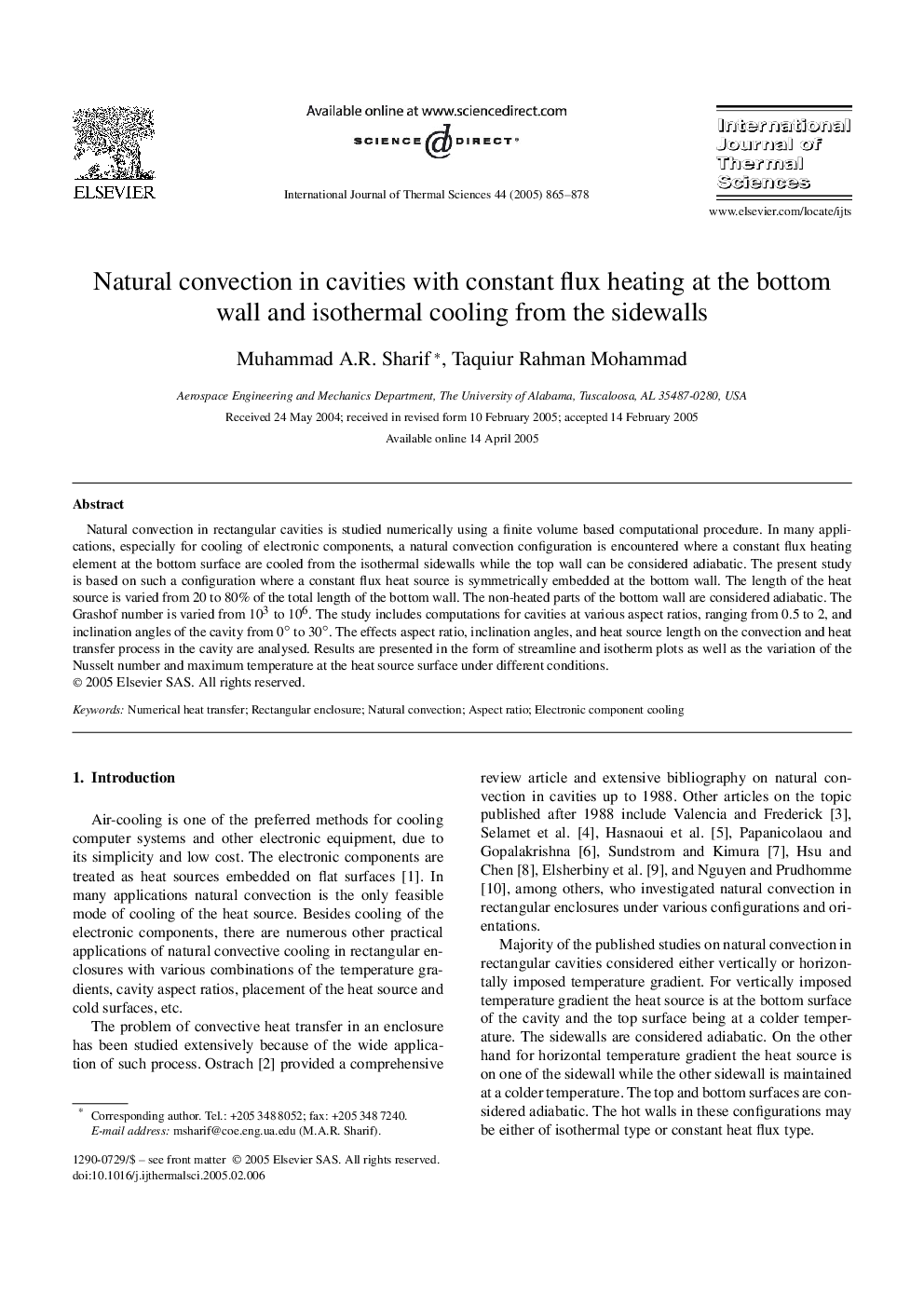 Natural convection in cavities with constant flux heating at the bottom wall and isothermal cooling from the sidewalls