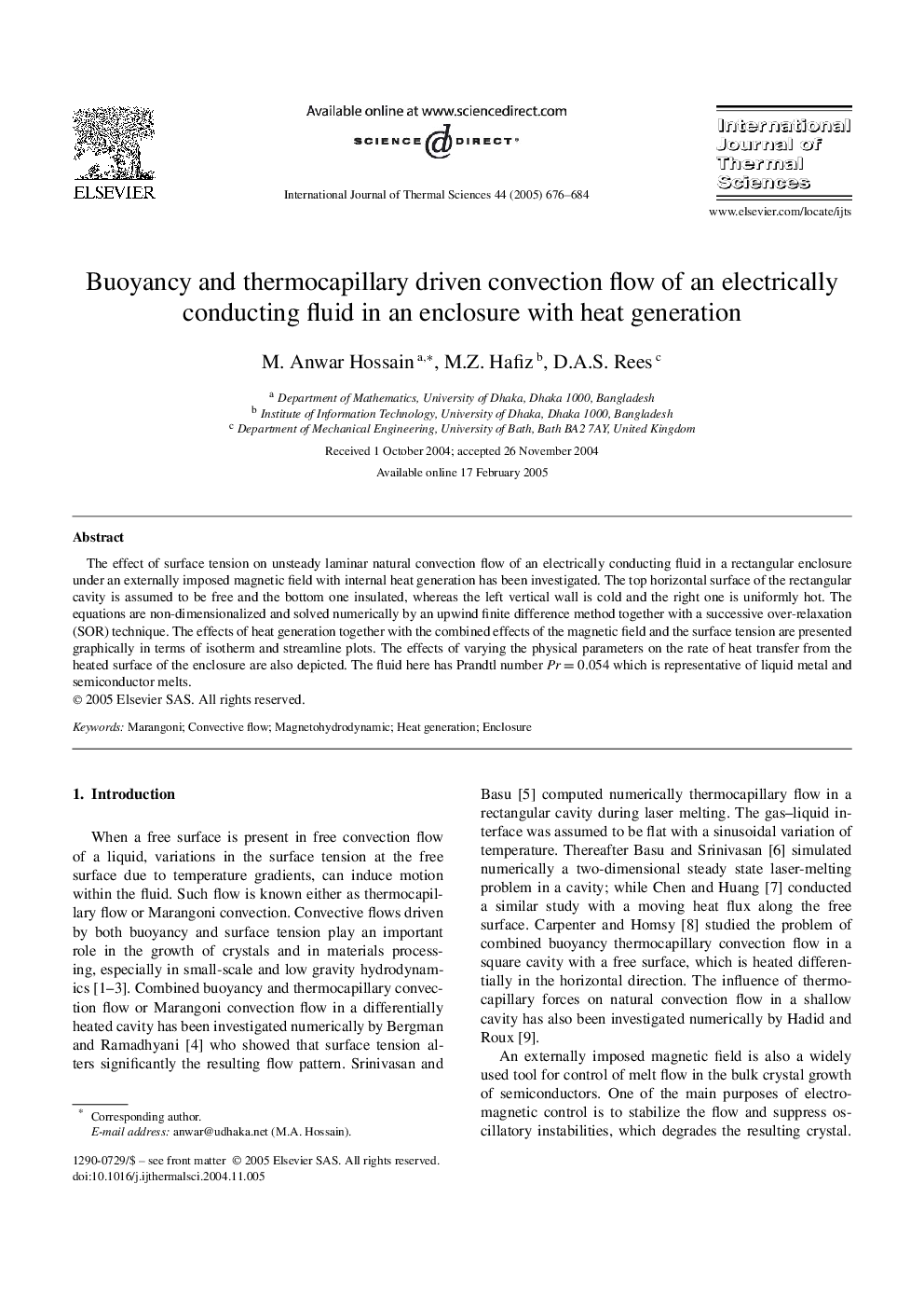 عکس صفحه اول مقاله: Buoyancy and thermocapillary driven convection flow of an electrically conducting fluid in an enclosure with heat generation Buoyancy and thermocapillary driven convection flow of an electrically conducting fluid in an enclosure with heat generation