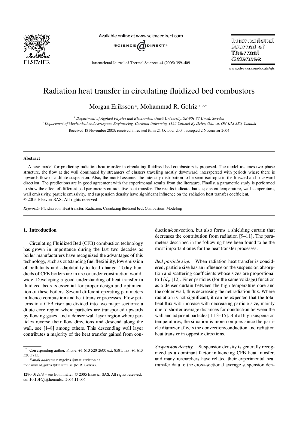 Radiation heat transfer in circulating fluidized bed combustors