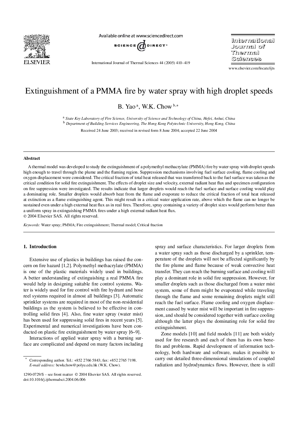 Extinguishment of a PMMA fire by water spray with high droplet speeds