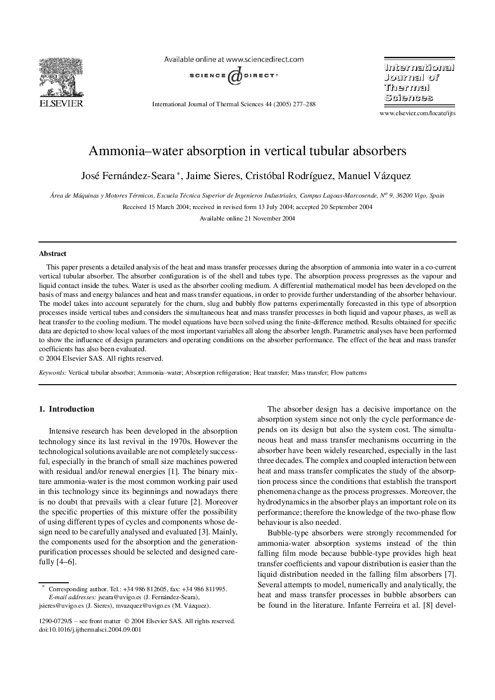 Ammonia-water absorption in vertical tubular absorbers