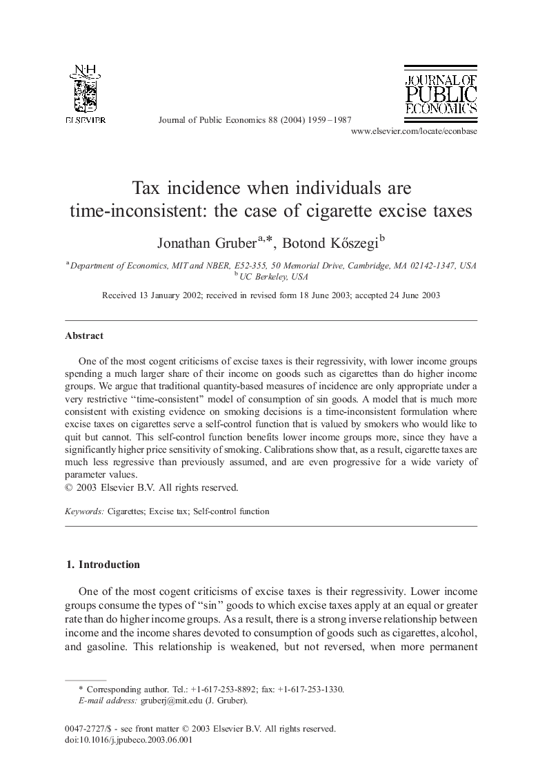 Tax incidence when individuals are time-inconsistent: the case of cigarette excise taxes