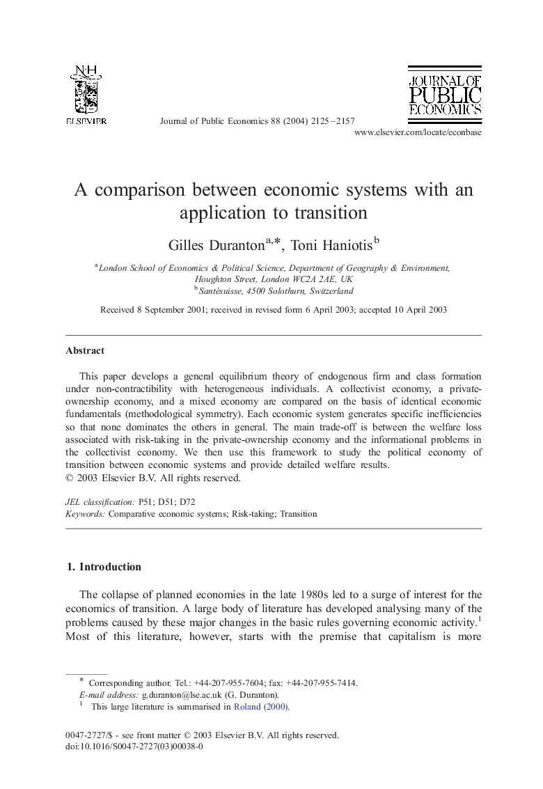 A comparison between economic systems with an application to transition