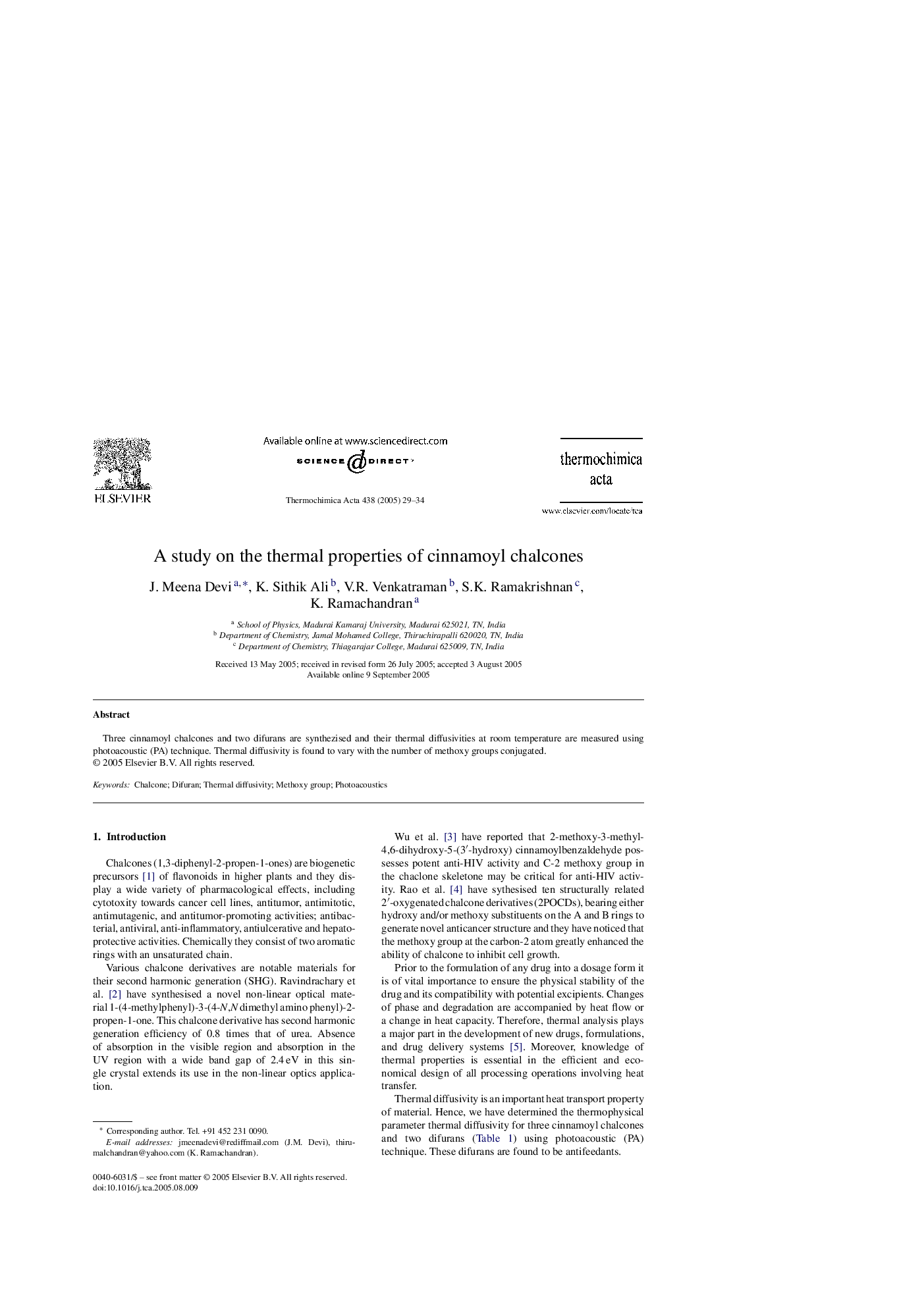 A study on the thermal properties of cinnamoyl chalcones