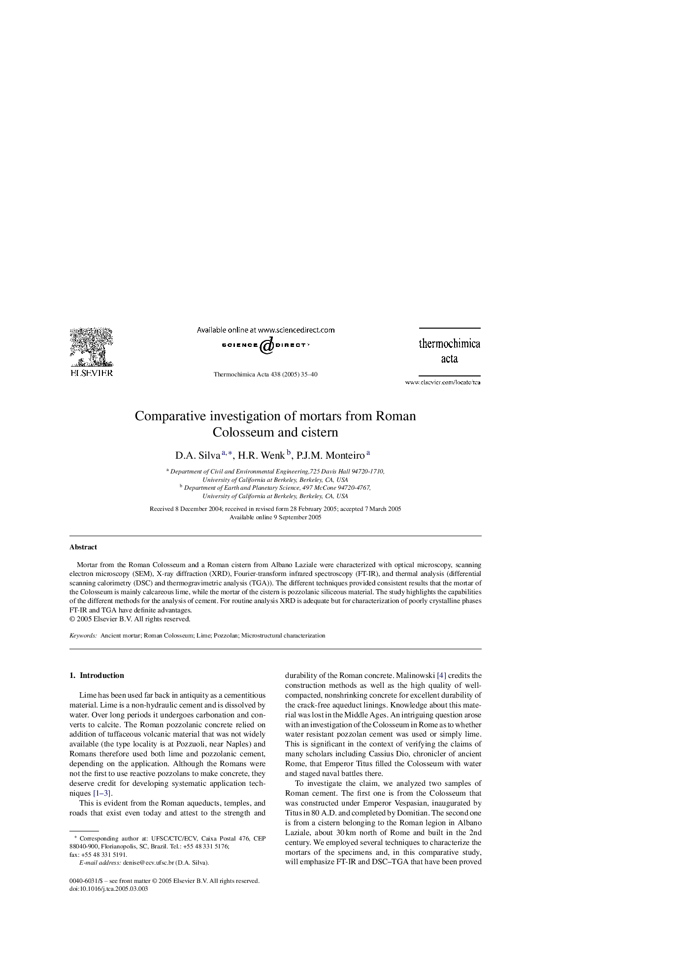 Comparative investigation of mortars from Roman Colosseum and cistern