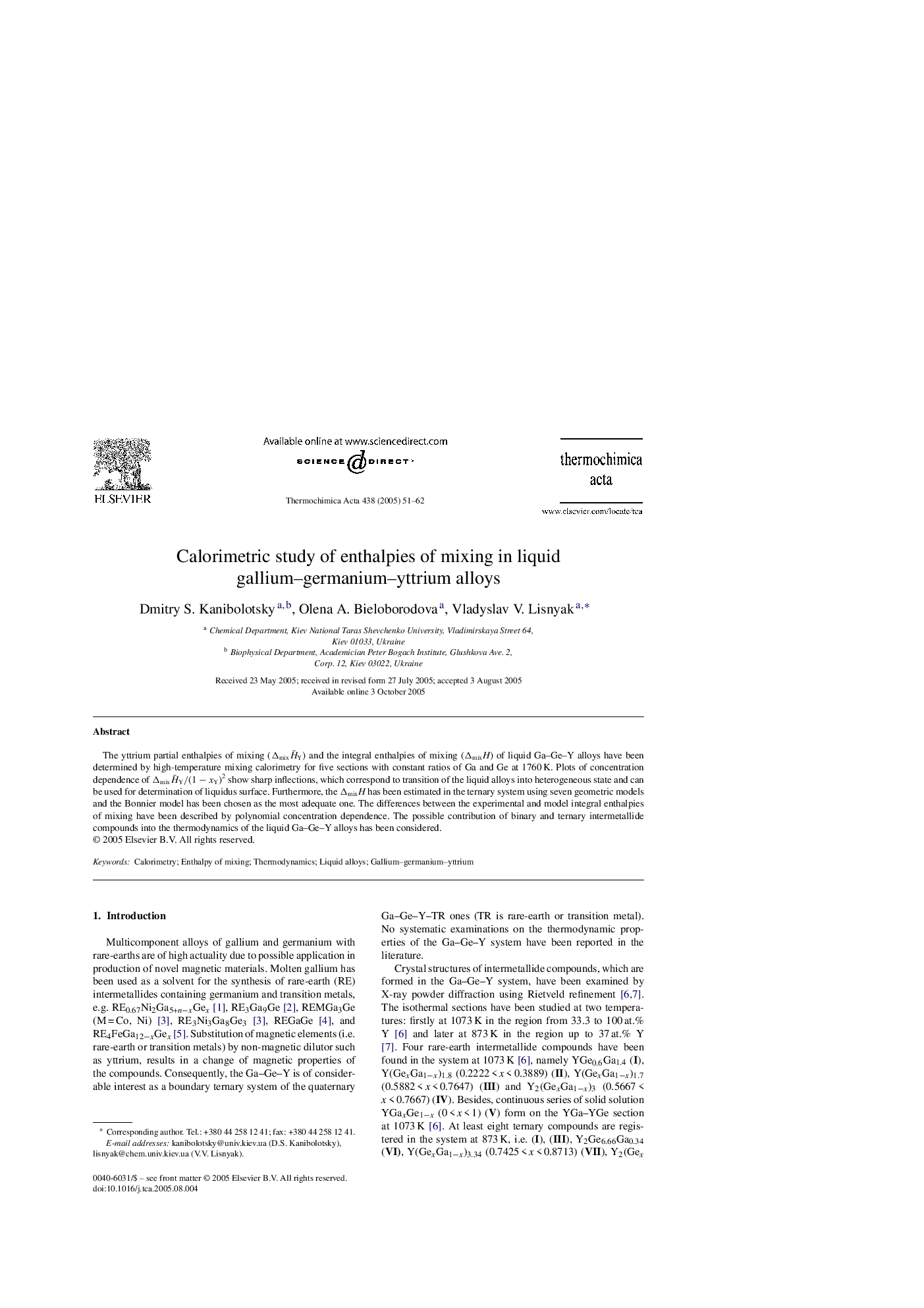 Calorimetric study of enthalpies of mixing in liquid gallium-germanium-yttrium alloys