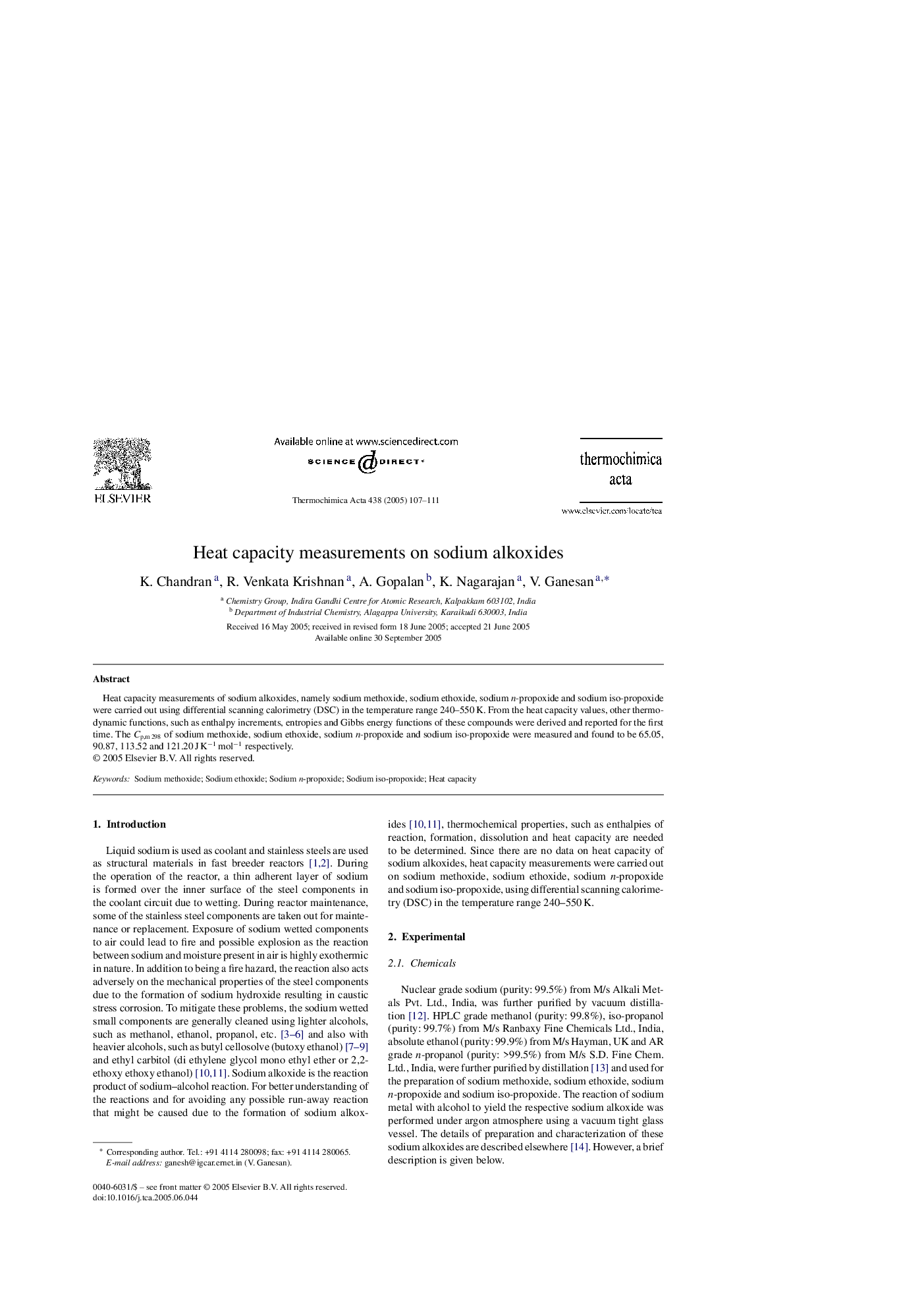 Heat capacity measurements on sodium alkoxides