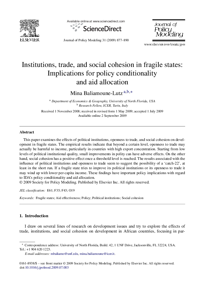 Institutions, trade, and social cohesion in fragile states: Implications for policy conditionality and aid allocation