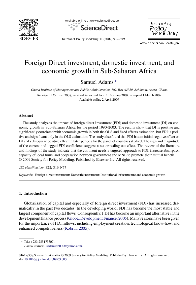 Foreign Direct investment, domestic investment, and economic growth in Sub-Saharan Africa