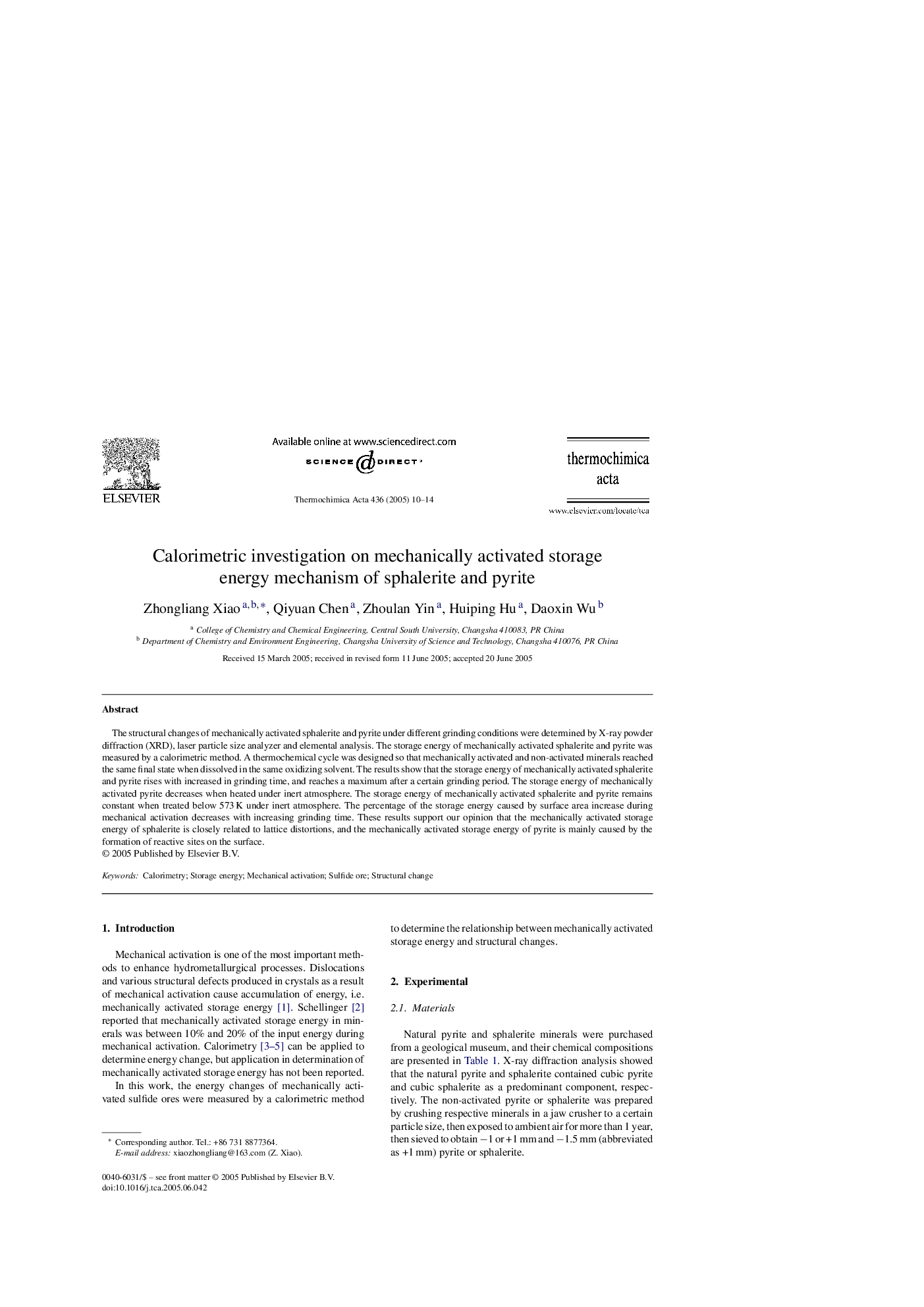 Calorimetric investigation on mechanically activated storage energy mechanism of sphalerite and pyrite