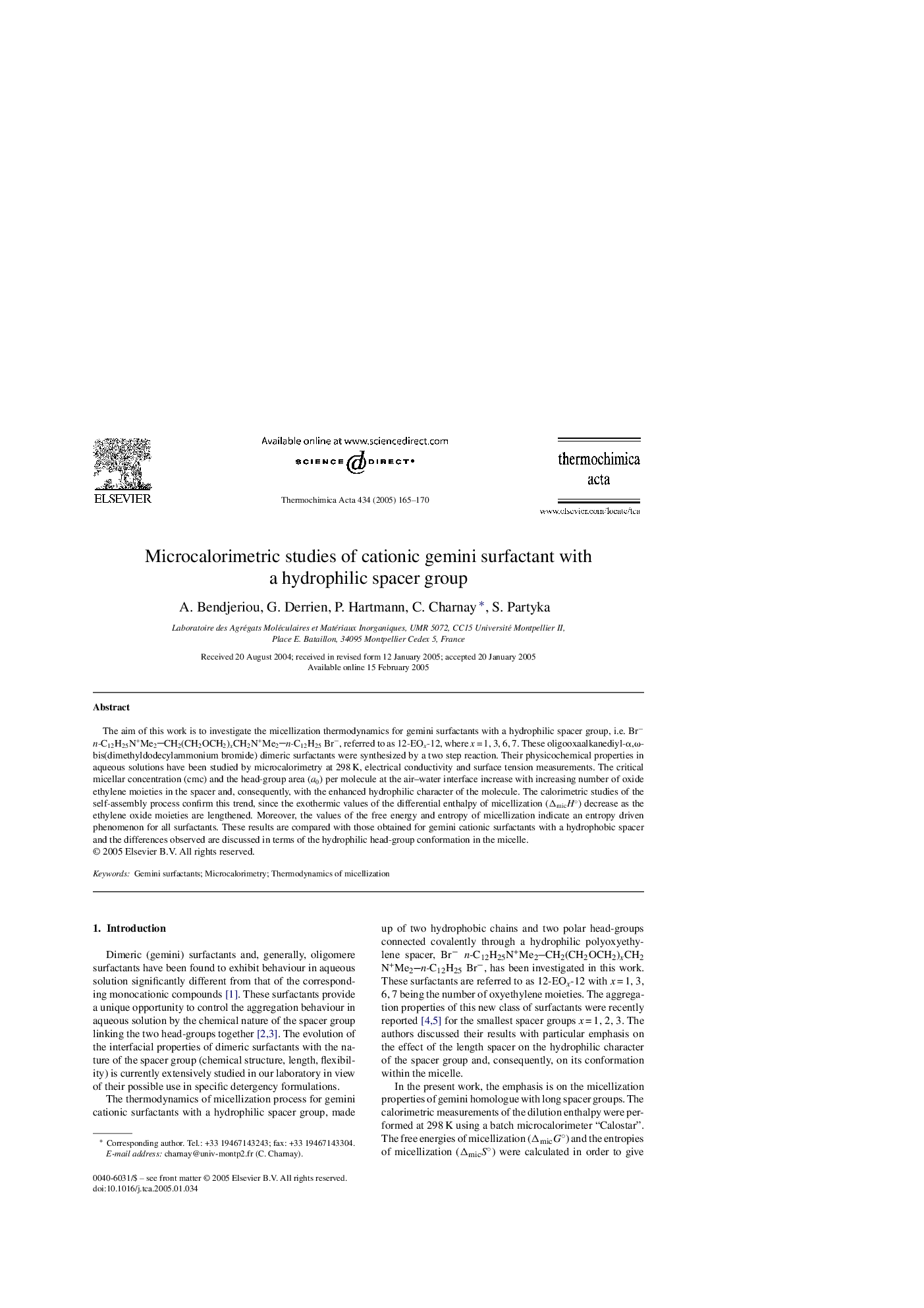 Microcalorimetric studies of cationic gemini surfactant with a hydrophilic spacer group