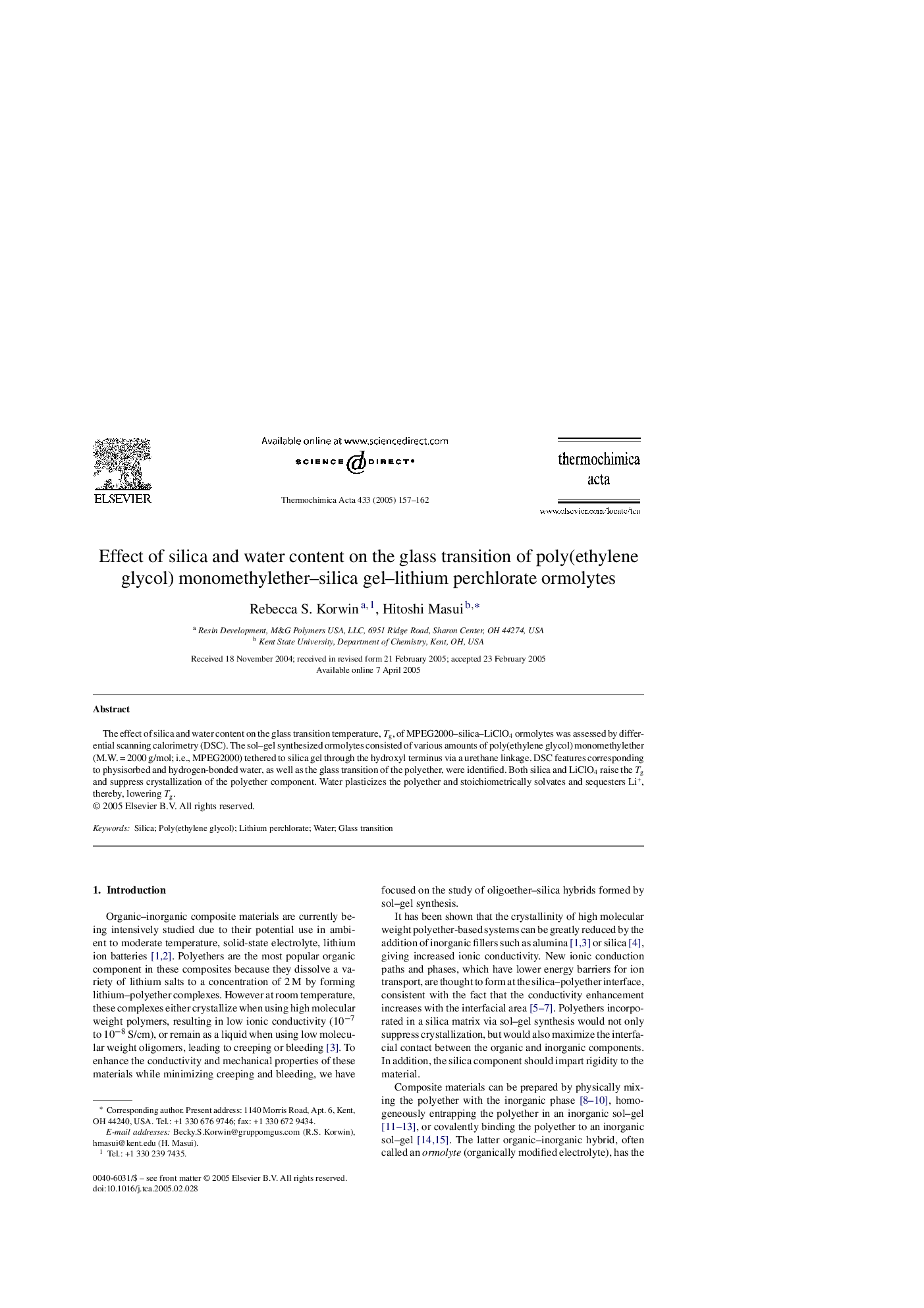 Effect of silica and water content on the glass transition of poly(ethylene glycol) monomethylether-silica gel-lithium perchlorate ormolytes