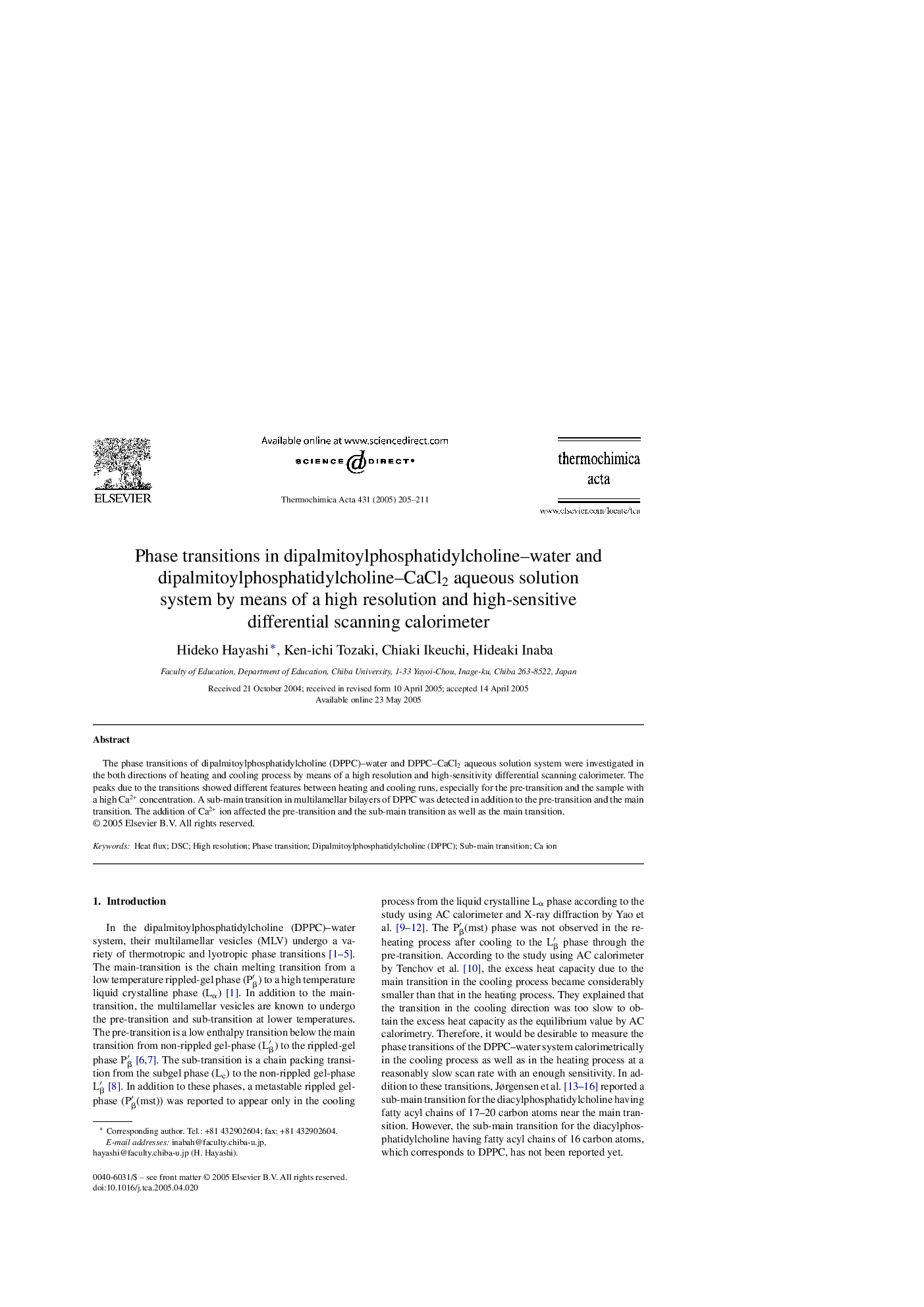 Phase transitions in dipalmitoylphosphatidylcholine-water and dipalmitoylphosphatidylcholine-CaCl2 aqueous solution system by means of a high resolution and high-sensitive differential scanning calorimeter