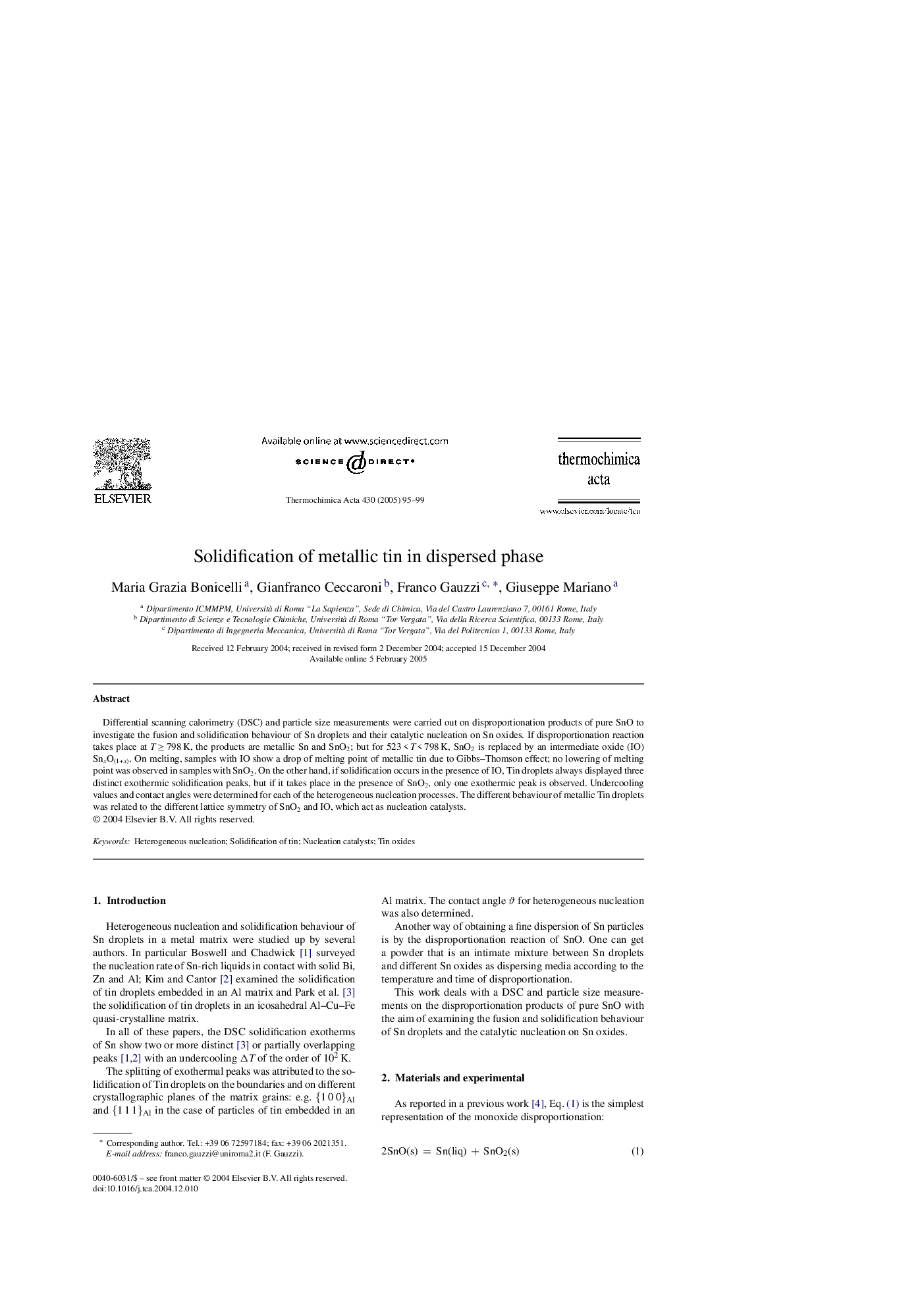 Solidification of metallic tin in dispersed phase