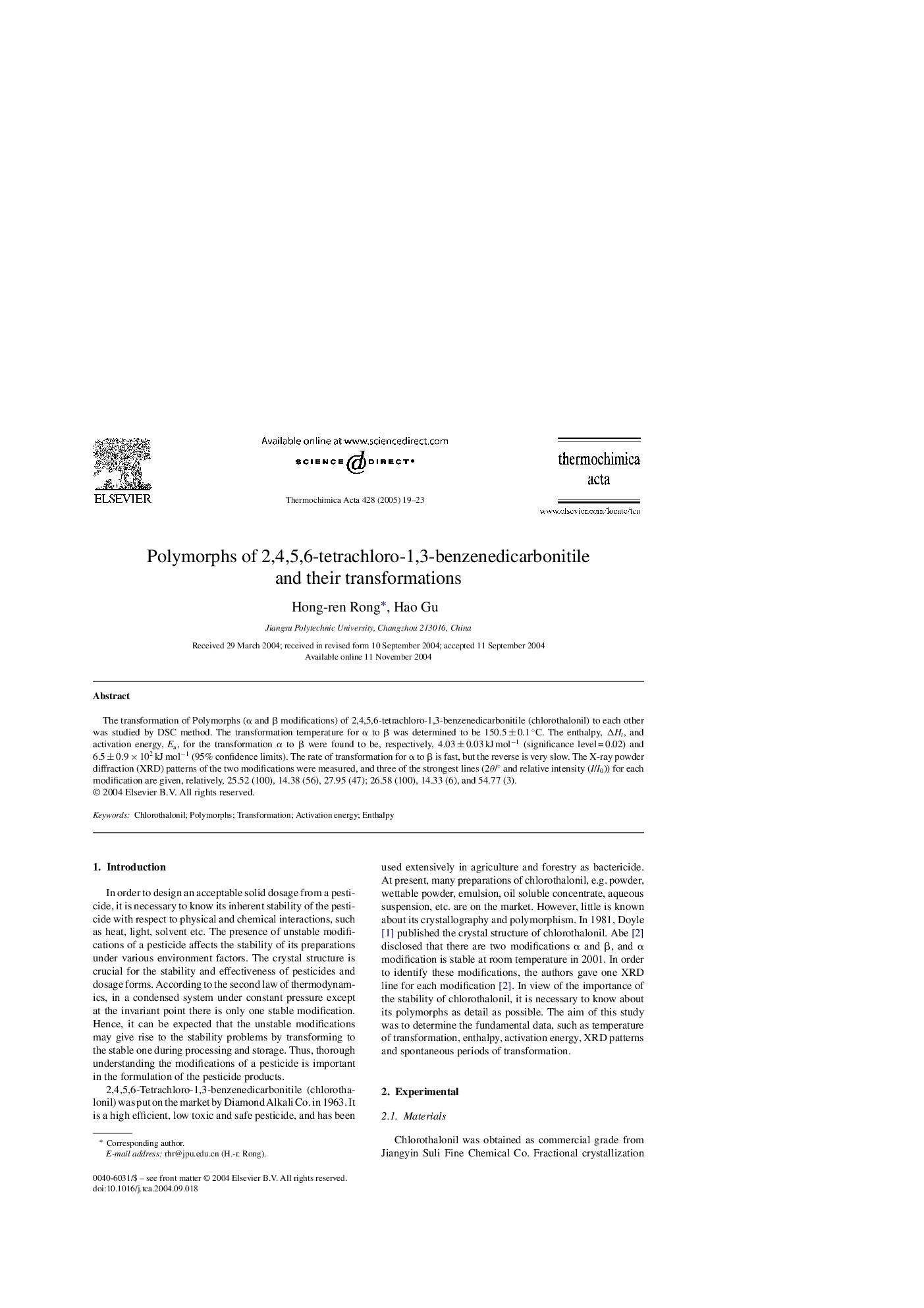 Polymorphs of 2,4,5,6-tetrachloro-1,3-benzenedicarbonitile and their transformations