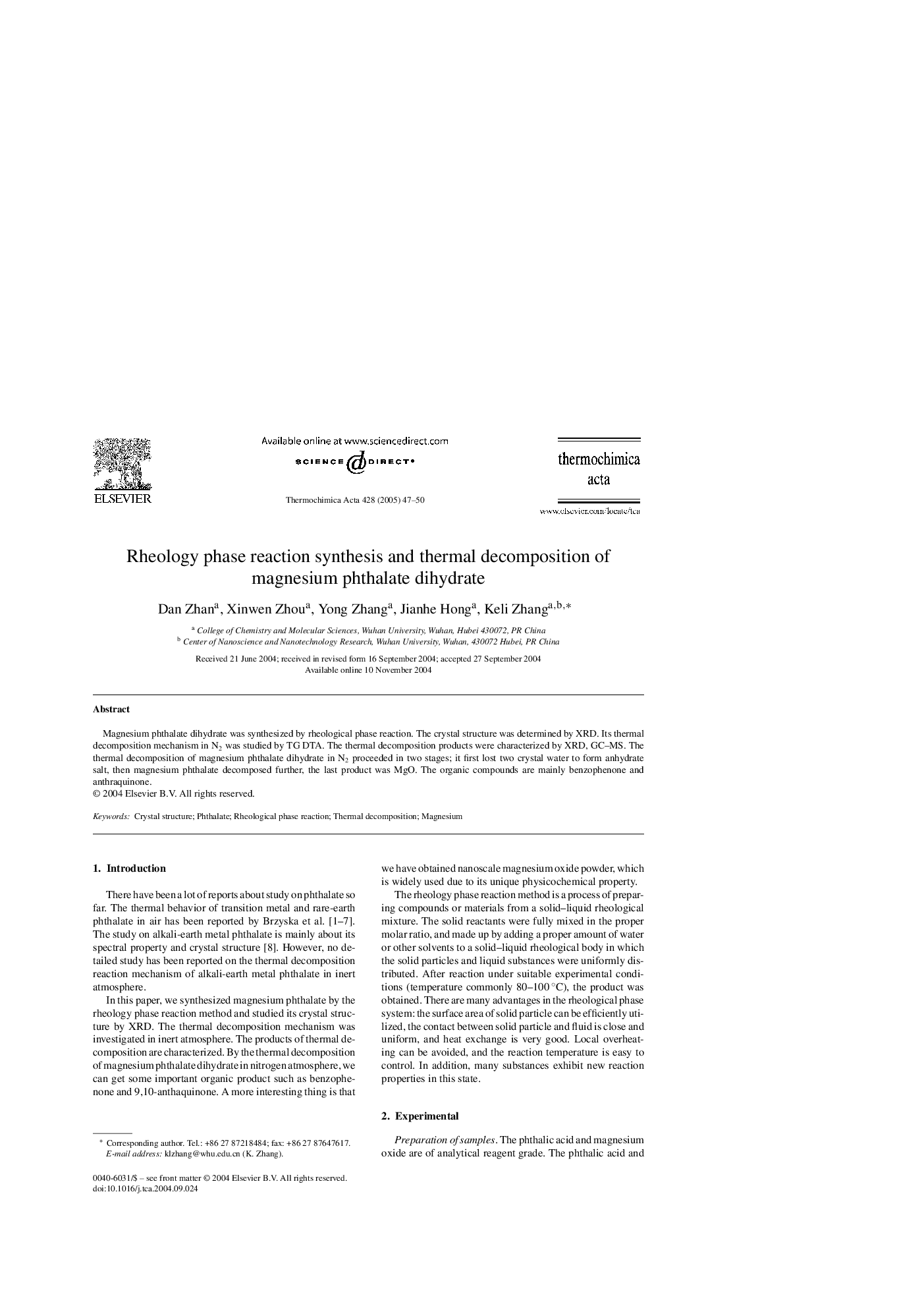 Rheology phase reaction synthesis and thermal decomposition of magnesium phthalate dihydrate