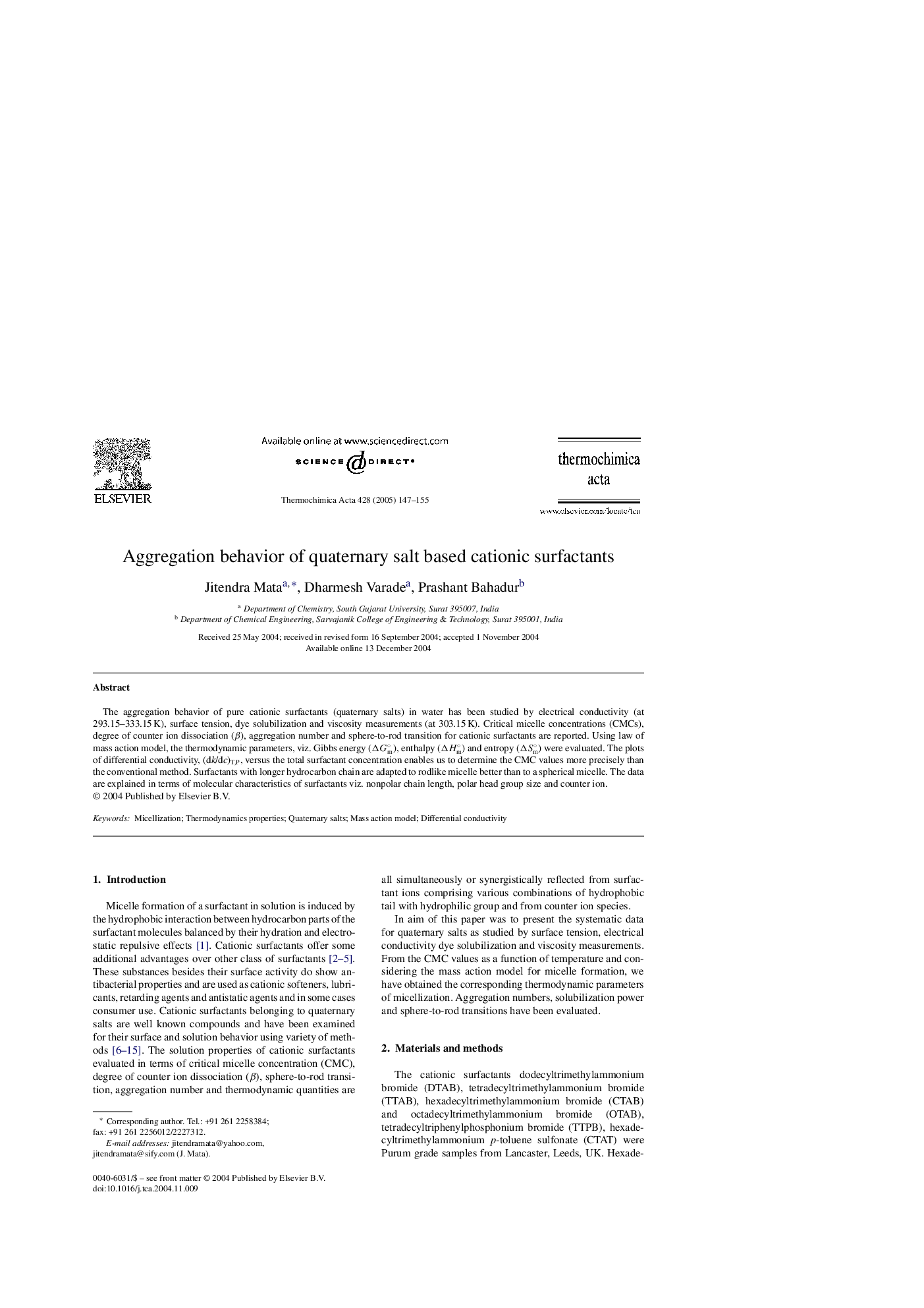 Aggregation behavior of quaternary salt based cationic surfactants