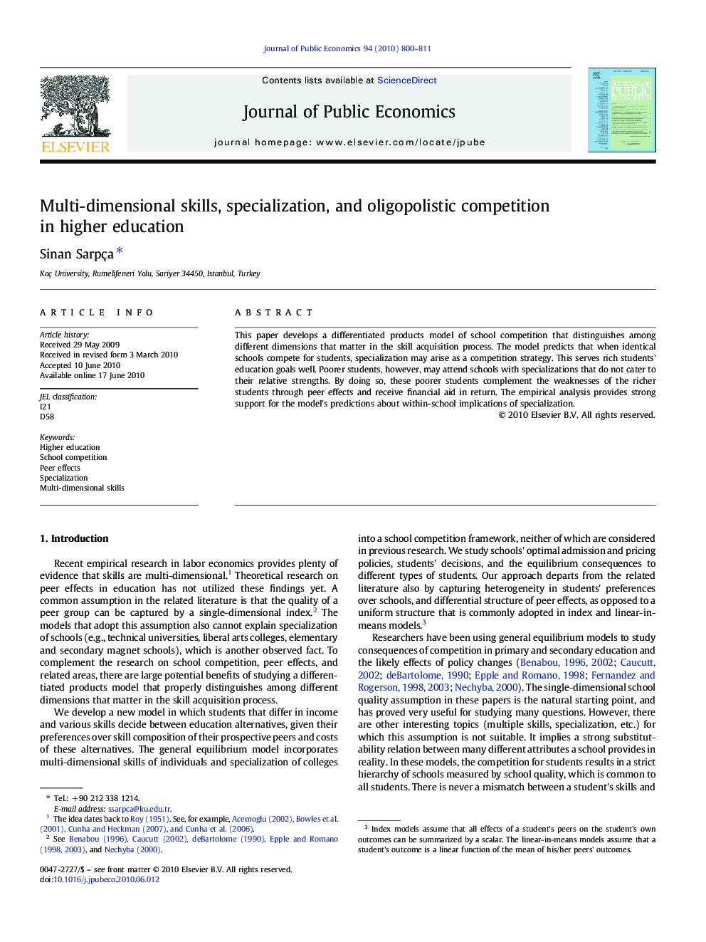 Multi-dimensional skills, specialization, and oligopolistic competition in higher education