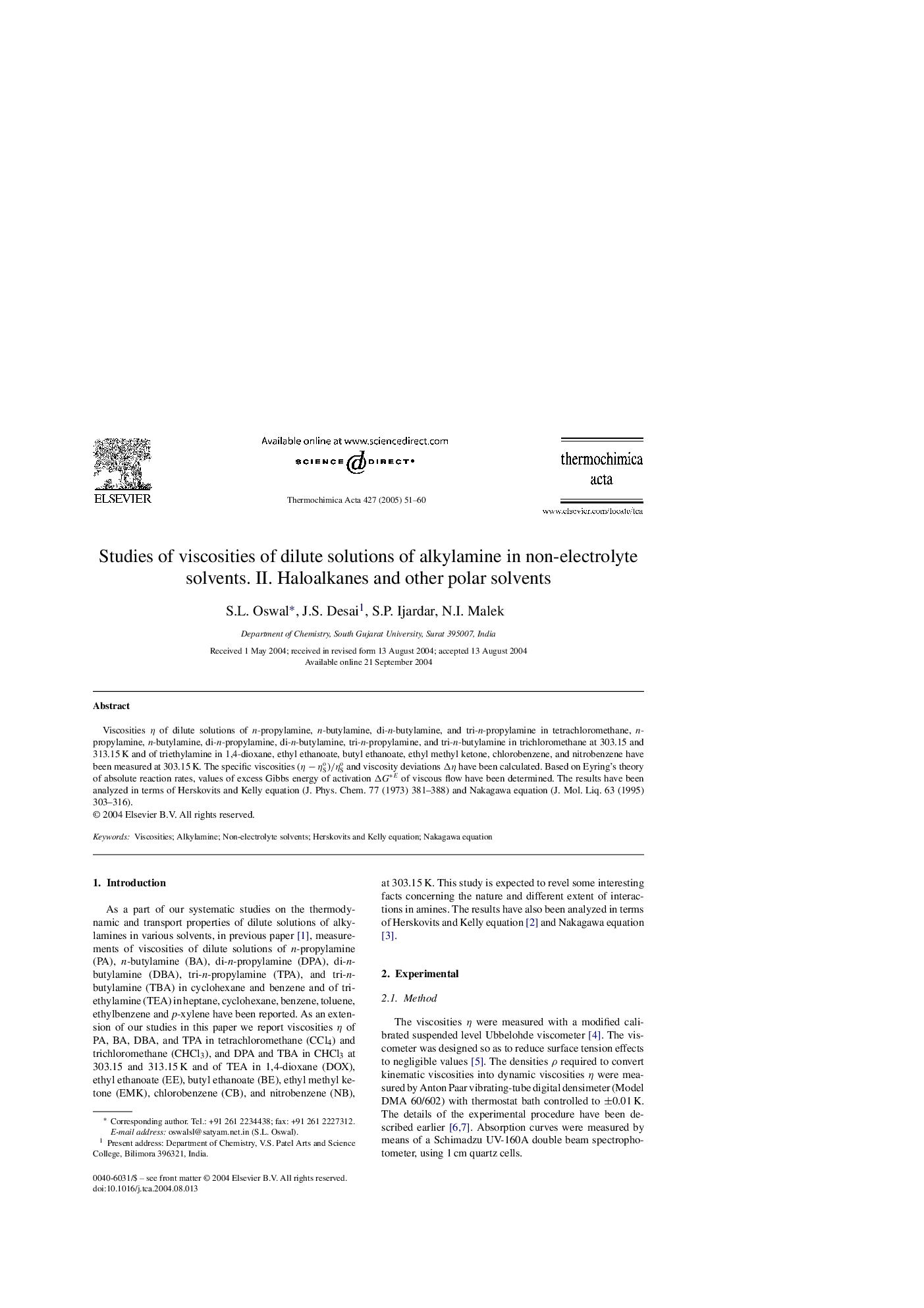 عکس صفحه اول مقاله: Studies of viscosities of dilute solutions of alkylamine in non-electrolyte solvents. II. Haloalkanes and other polar solvents Studies of viscosities of dilute solutions of alkylamine in non-electrolyte solvents. II. Haloalkanes and other polar solvents