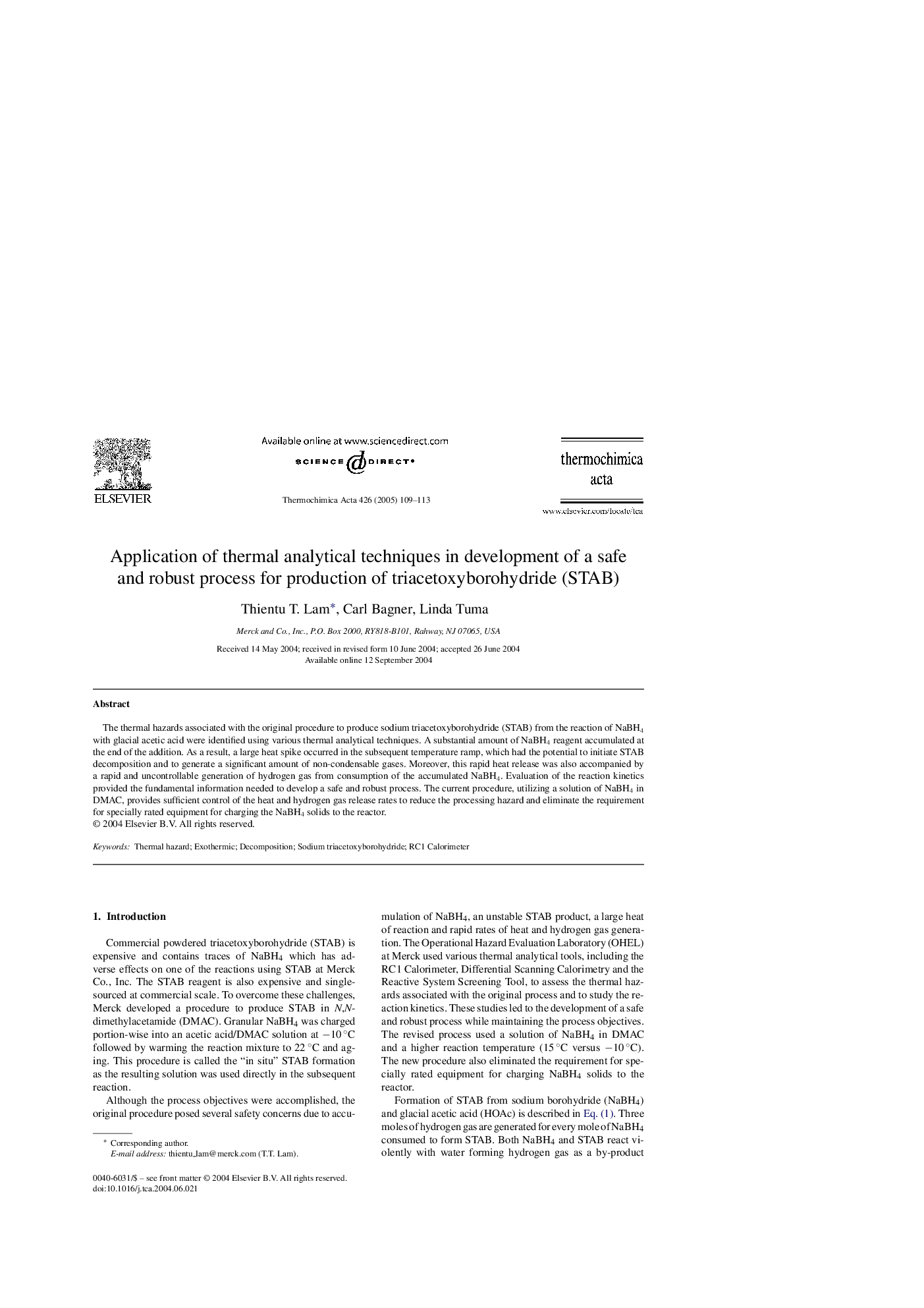 Application of thermal analytical techniques in development of a safe and robust process for production of triacetoxyborohydride (STAB)