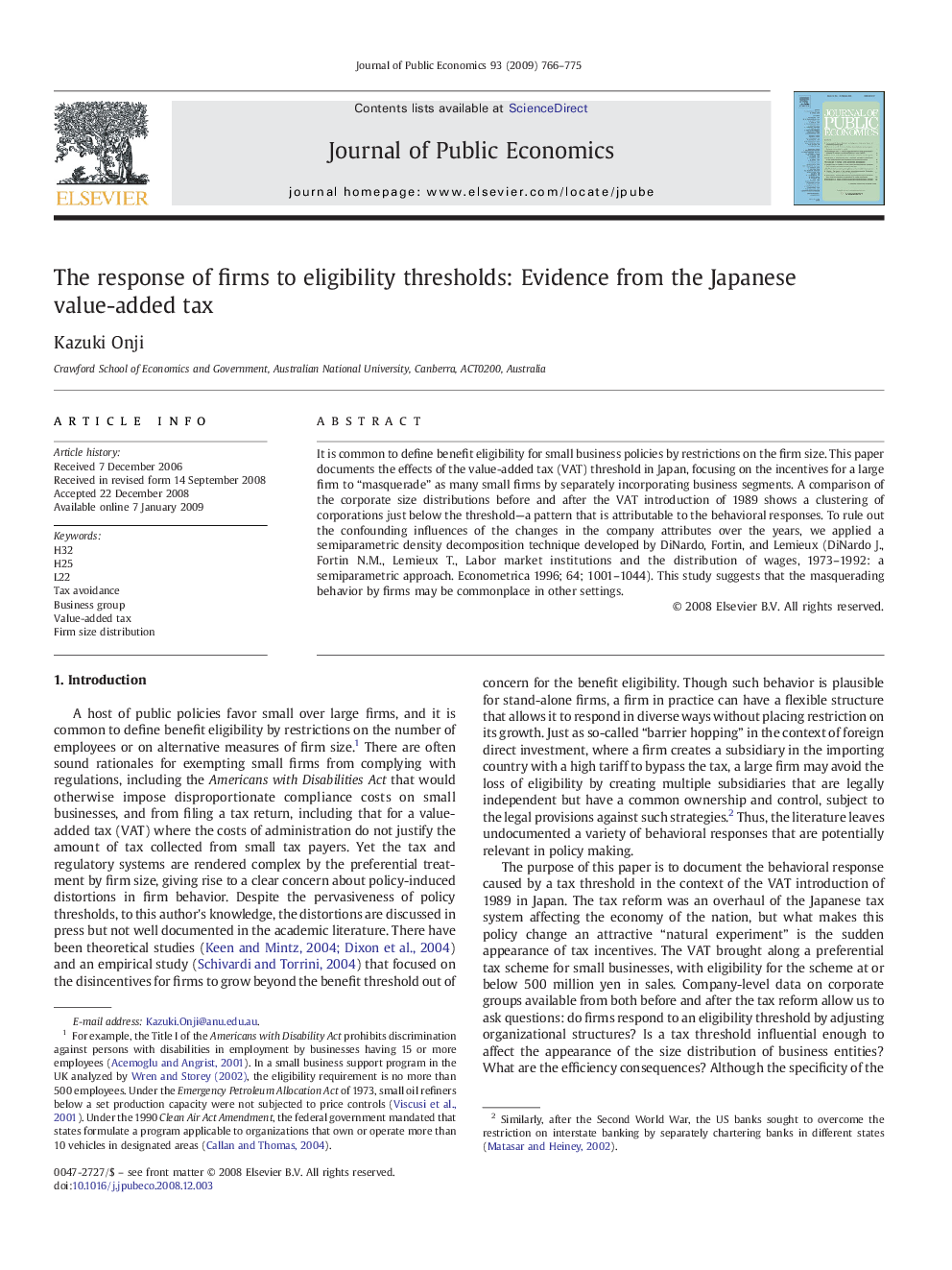 The response of firms to eligibility thresholds: Evidence from the Japanese value-added tax