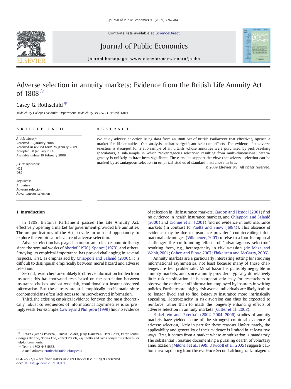 Adverse selection in annuity markets: Evidence from the British Life Annuity Act of 1808 