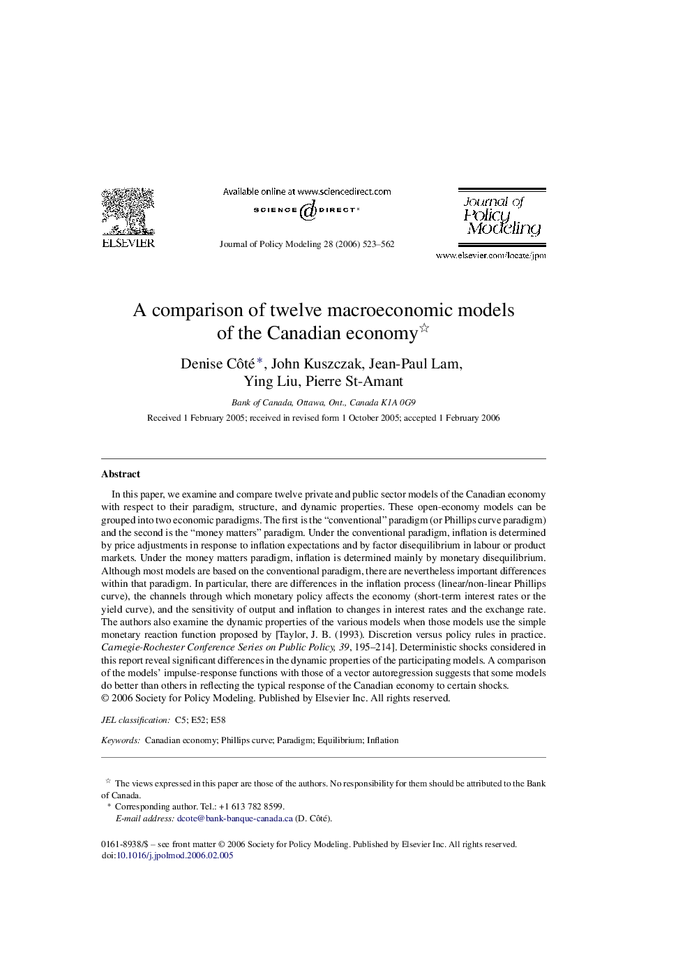 A comparison of twelve macroeconomic models of the Canadian economy 