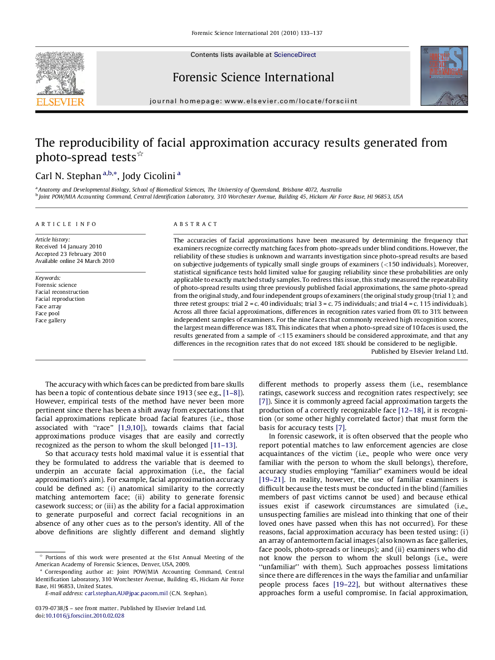 The reproducibility of facial approximation accuracy results generated from photo-spread tests 