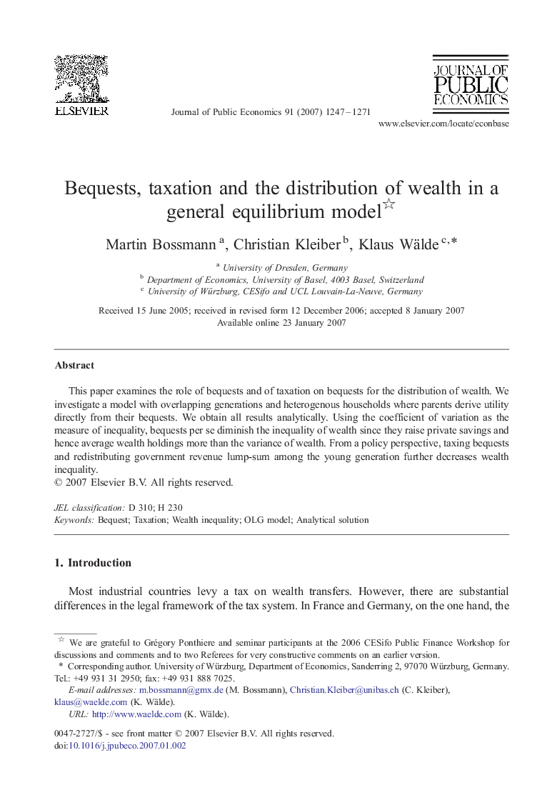 Bequests, taxation and the distribution of wealth in a general equilibrium model 